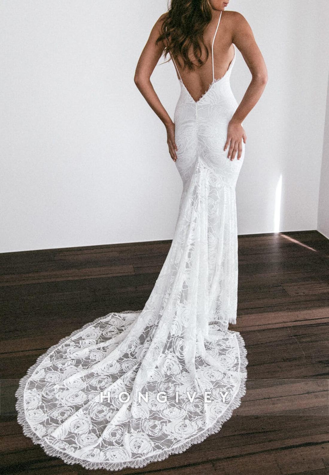 V Neck Spaghetti Straps Lace Mermaid Low Back Chapel Train Beach Wedding Dresses
