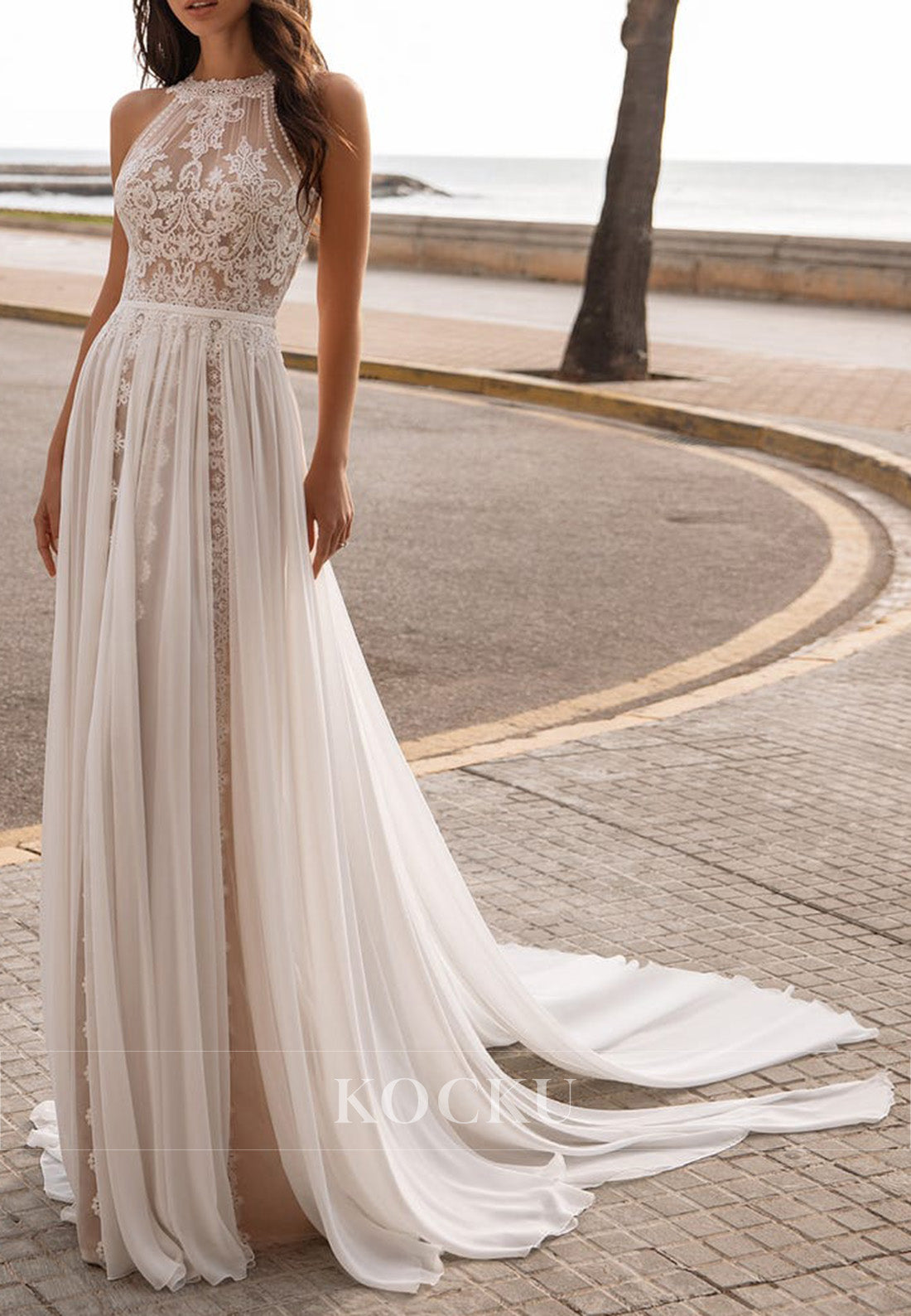 High - Neck Lace Illusion Wedding Dress with Open Back & Chiffon Train
