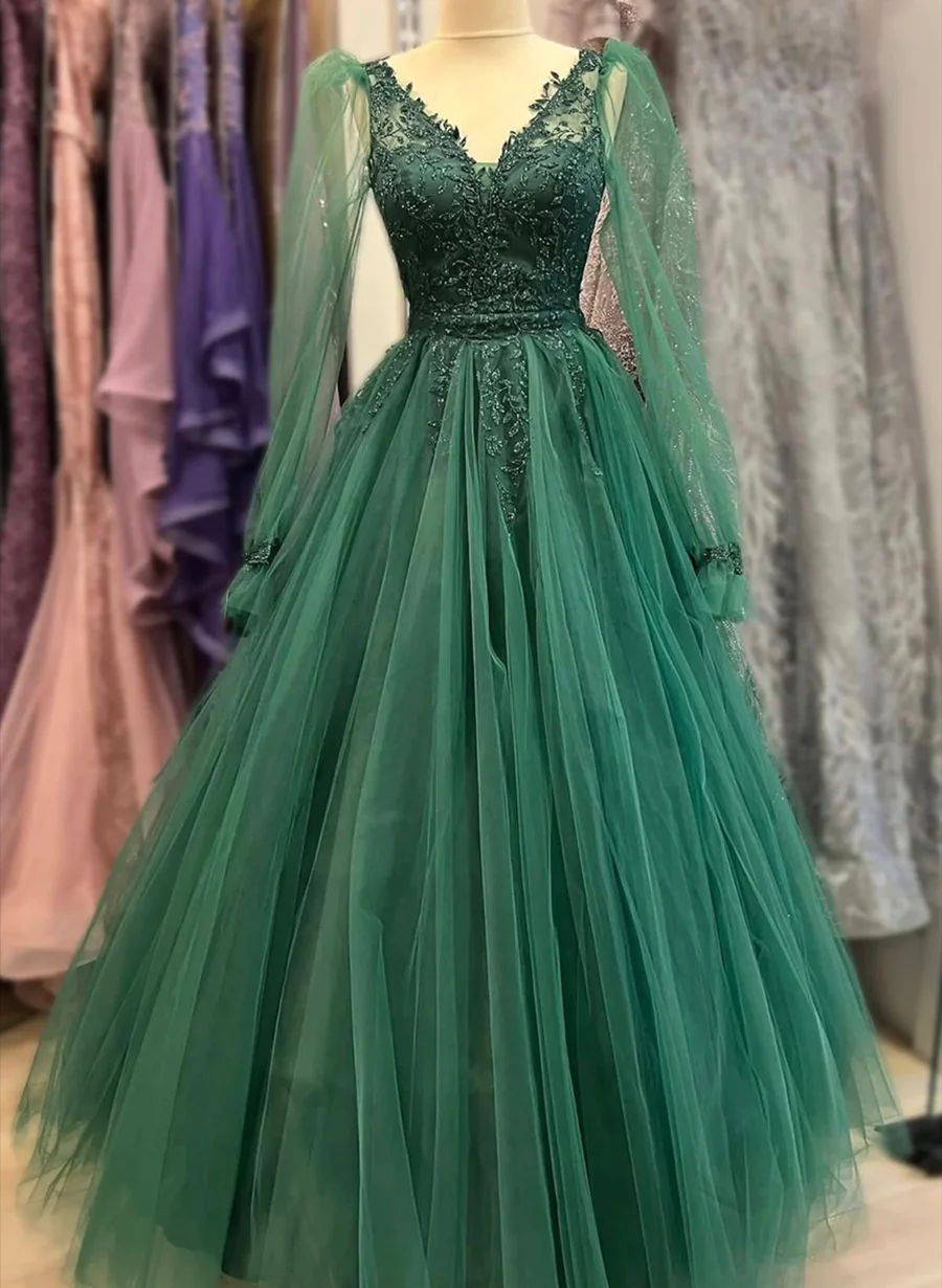 Green Tulle Long Sleeves A-Line With Lace Party Dress, Green Wedding Party Dress