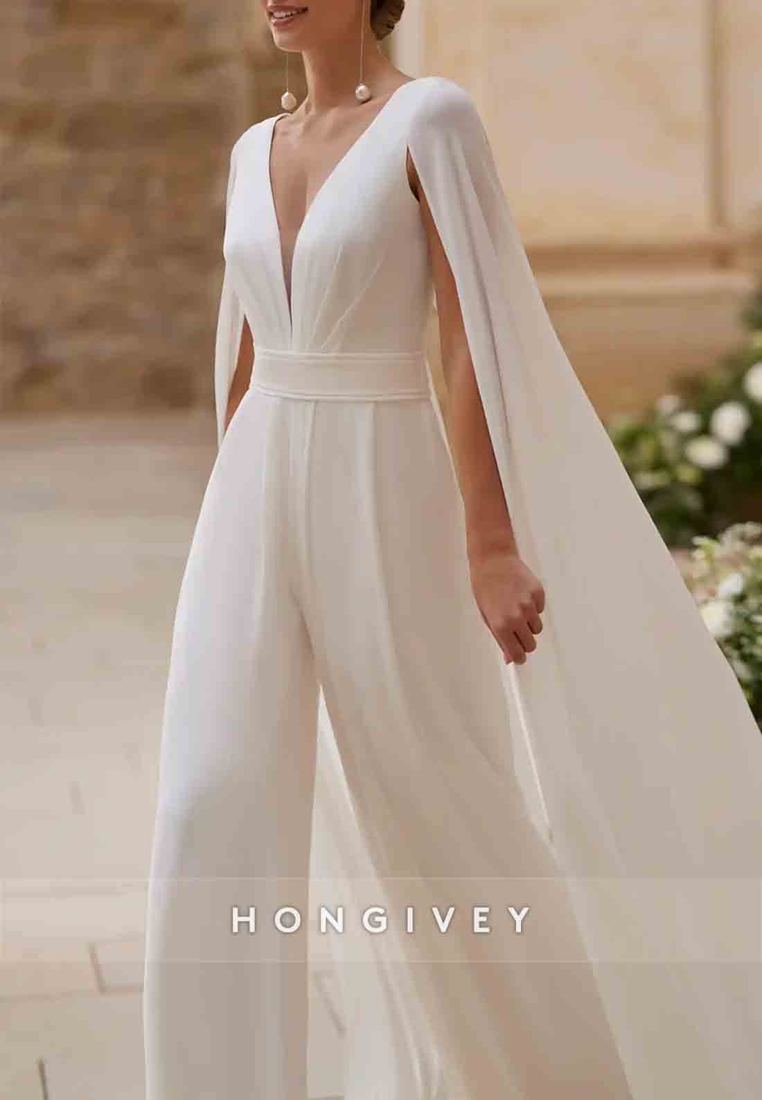 V Back Jumpsuit V-Neck Cloak Sleeveless Pleated  Wedding Dresses