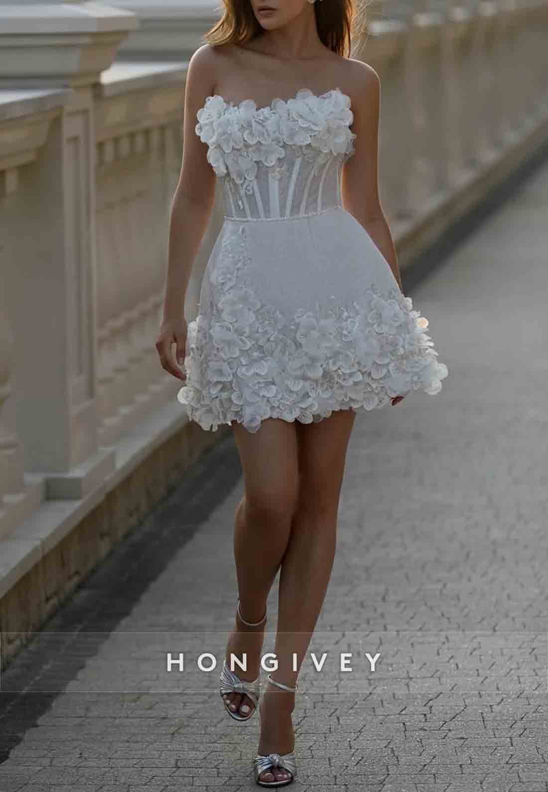 Flowers Crisscross Back A-line Strapless Sleeveless Mini Wedding Dress