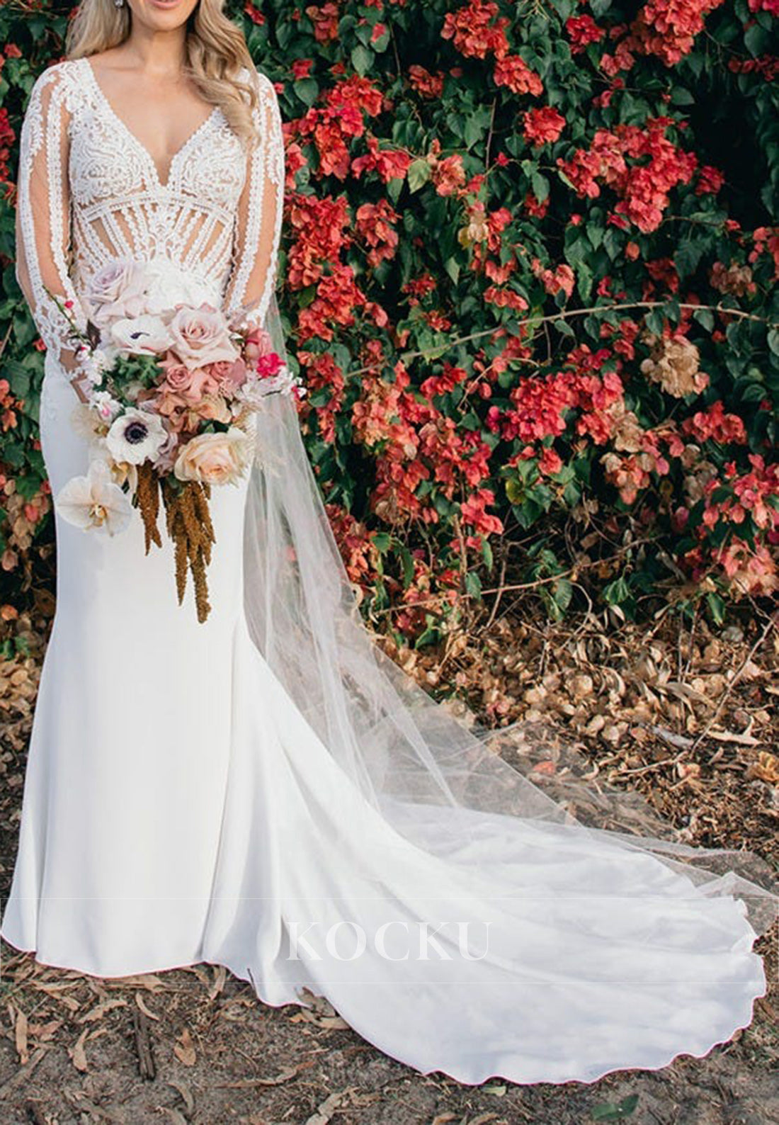 Lace Illusion Long Sleeve Mermaid Wedding Dress with Sheer Back & Train