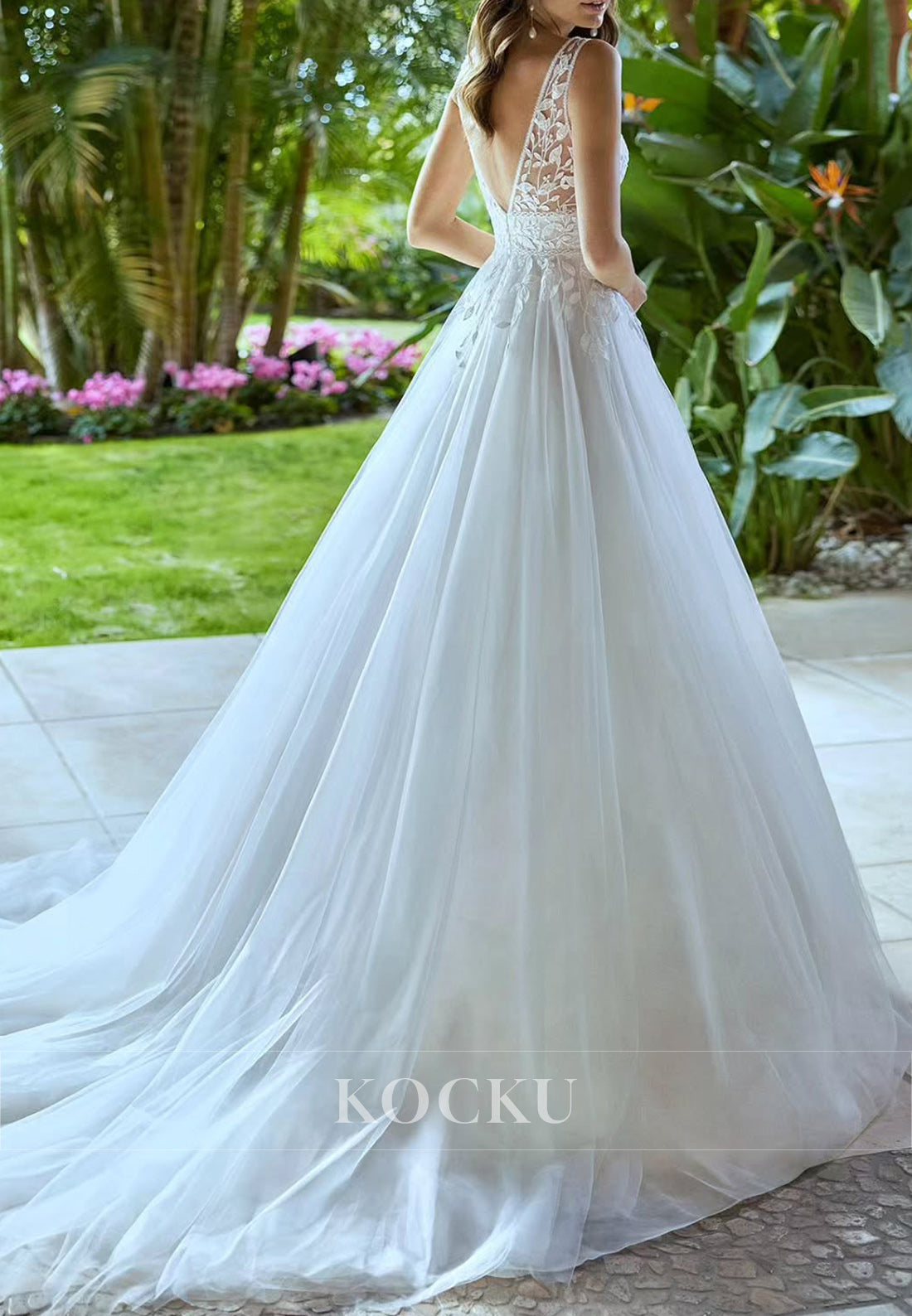 White Applique V-Neck Backless Ballgown Wedding Dress with Sheer Straps