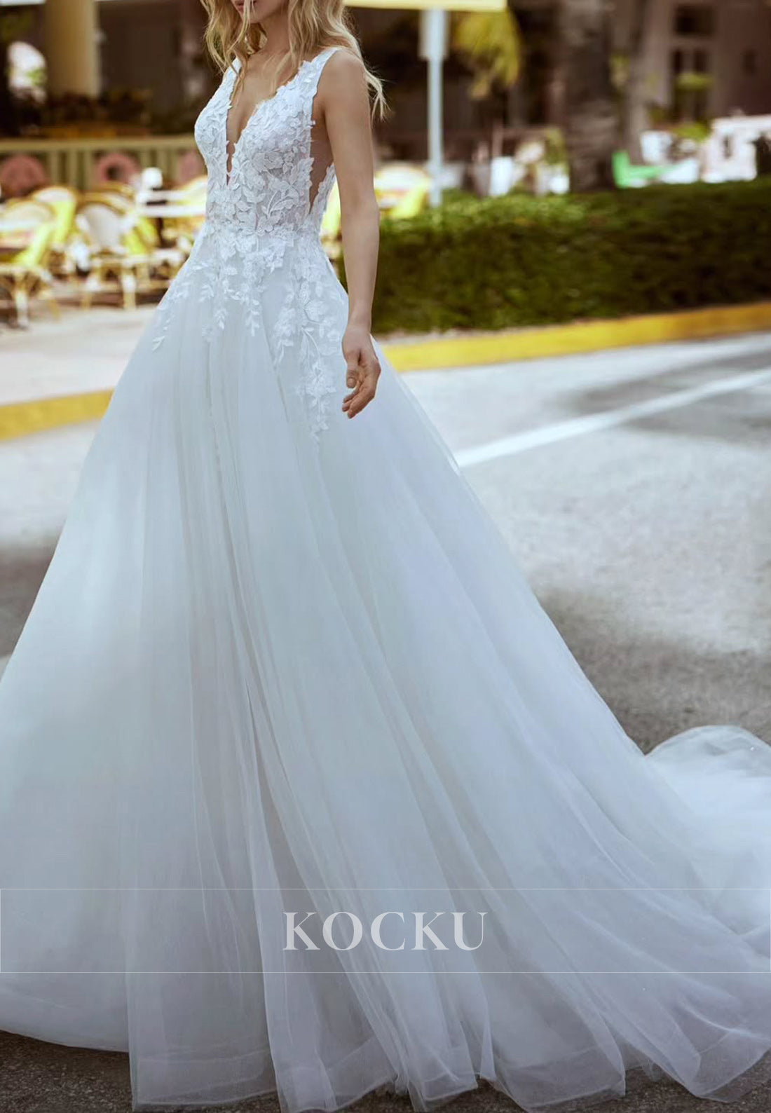 White Deep Neck Backless Ballgown Wedding Dress with Floral Appliques