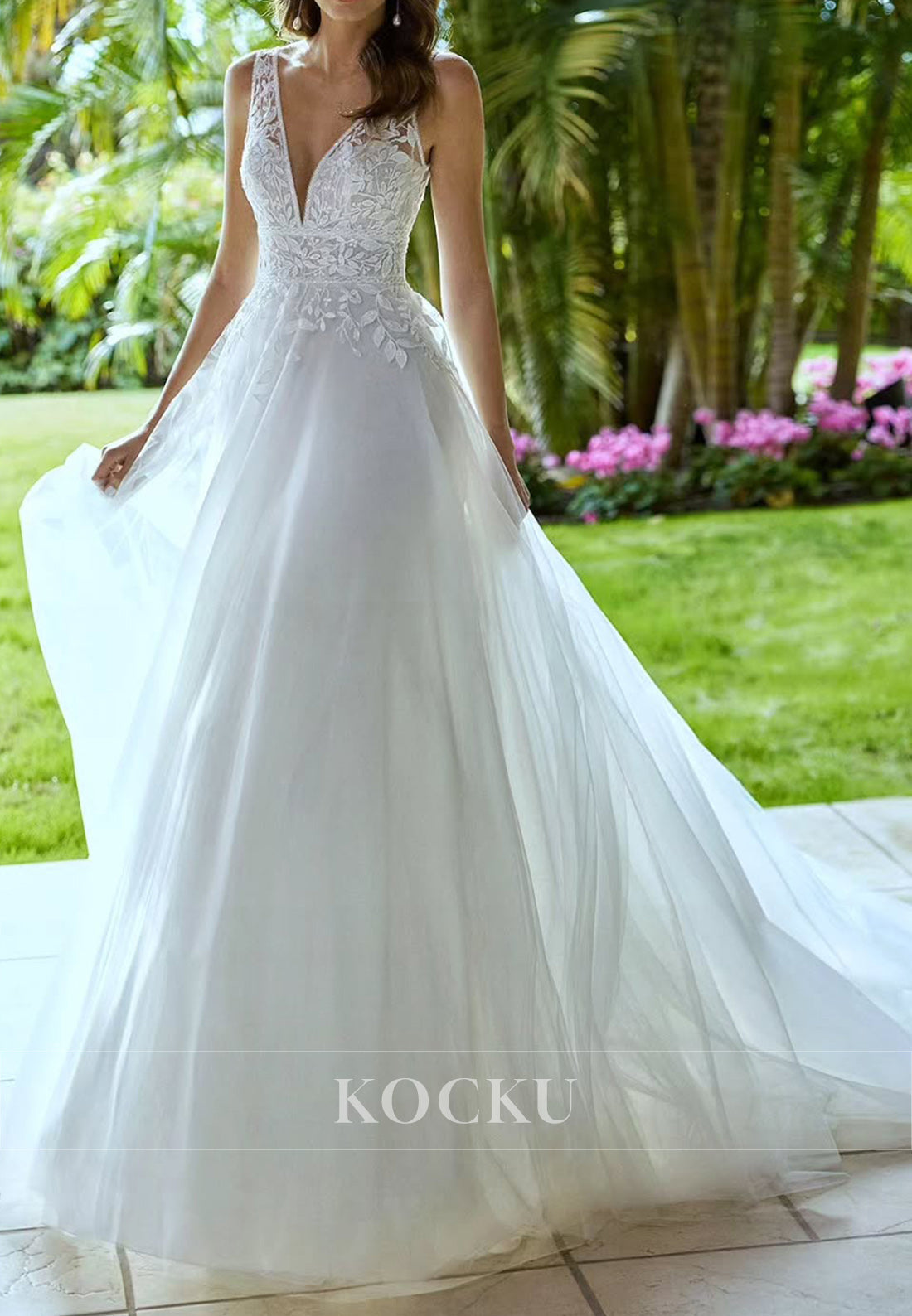 White Applique V-Neck Backless Ballgown Wedding Dress with Sheer Straps