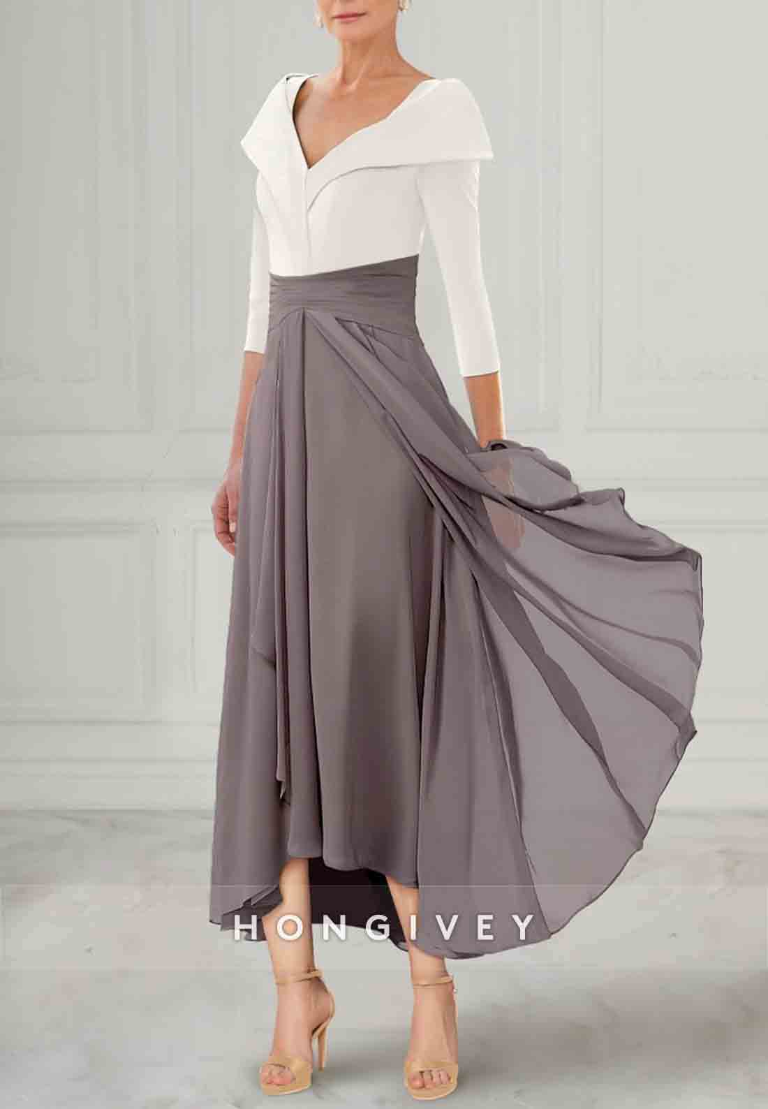 A-line Tea-Length V Neck Chiffon Pleated 3/4 Sleeve Mother of the Bride