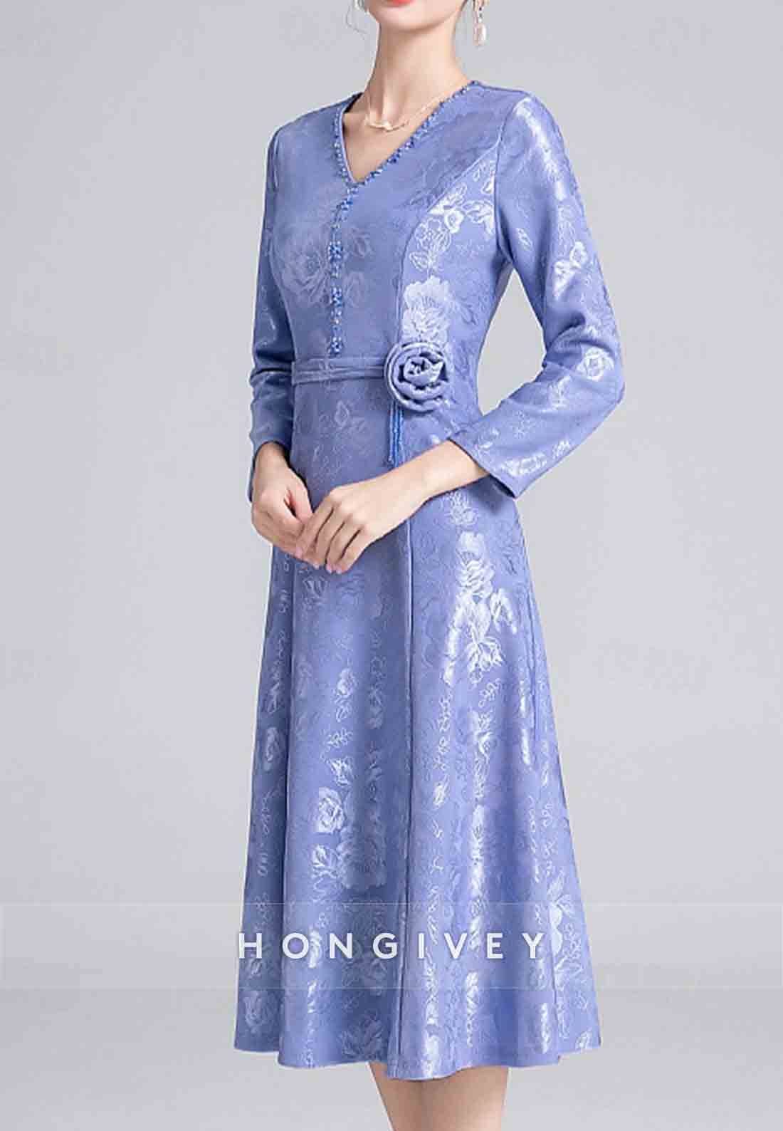 A-line Knee-Length 3/4 Sleeve Cocktail Dresses V Neck Flowers Mother of the Bride Dress