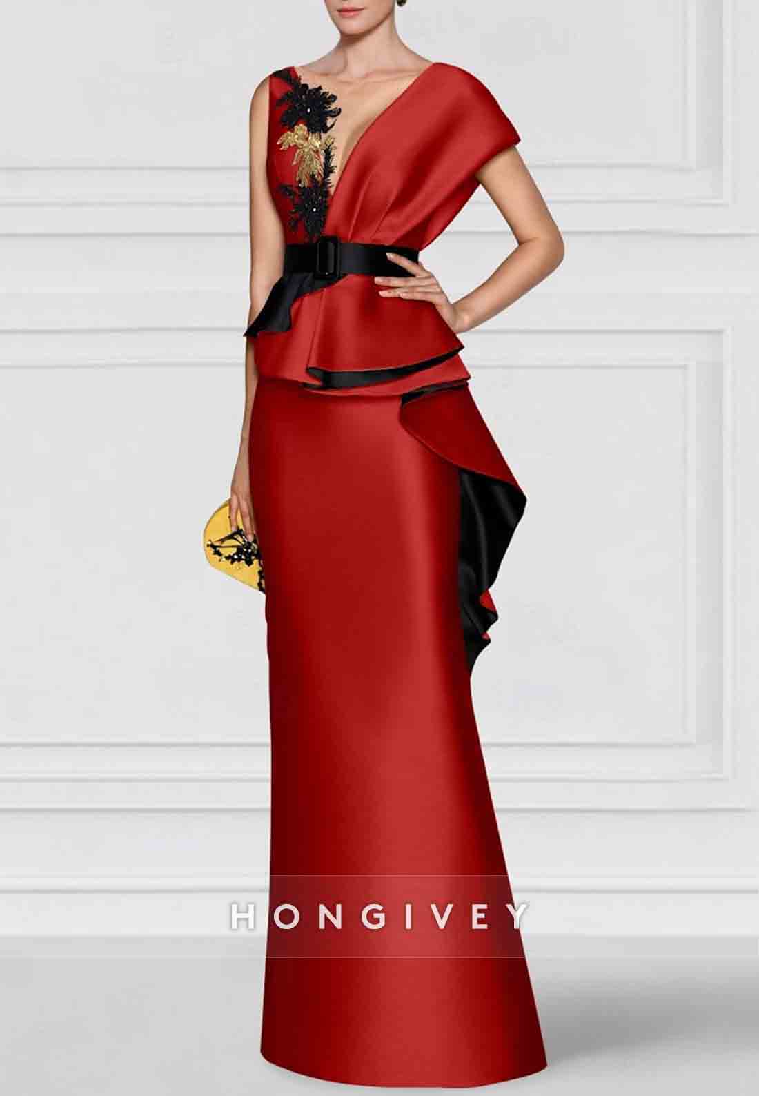 Waistband Appliqued Column Floor-Length V Neck Satin  Mother of the Bride