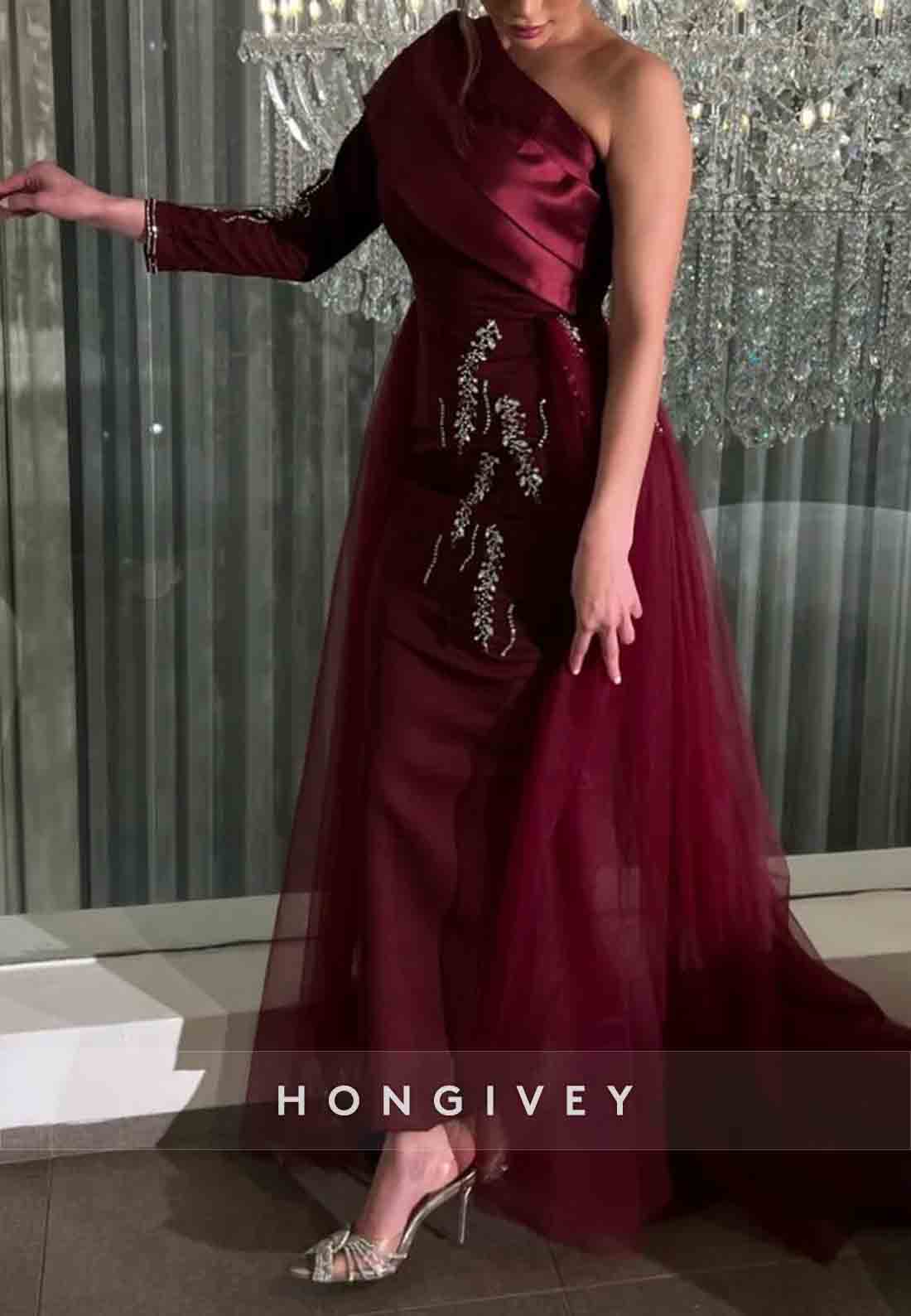 A-line Tulle Long Sleeve Formal Dresses One Shoulder Pleated Appliqued Evening Gown