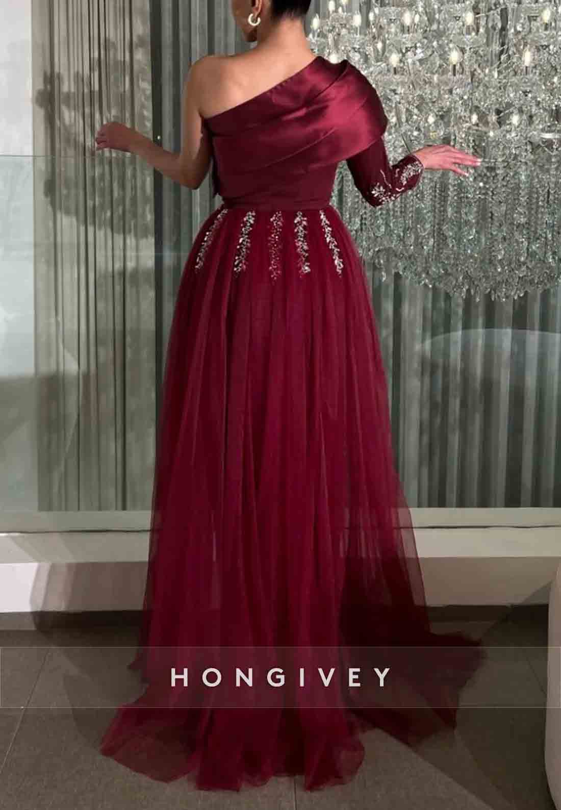 A-line Tulle Long Sleeve Formal Dresses One Shoulder Pleated Appliqued Evening Gown