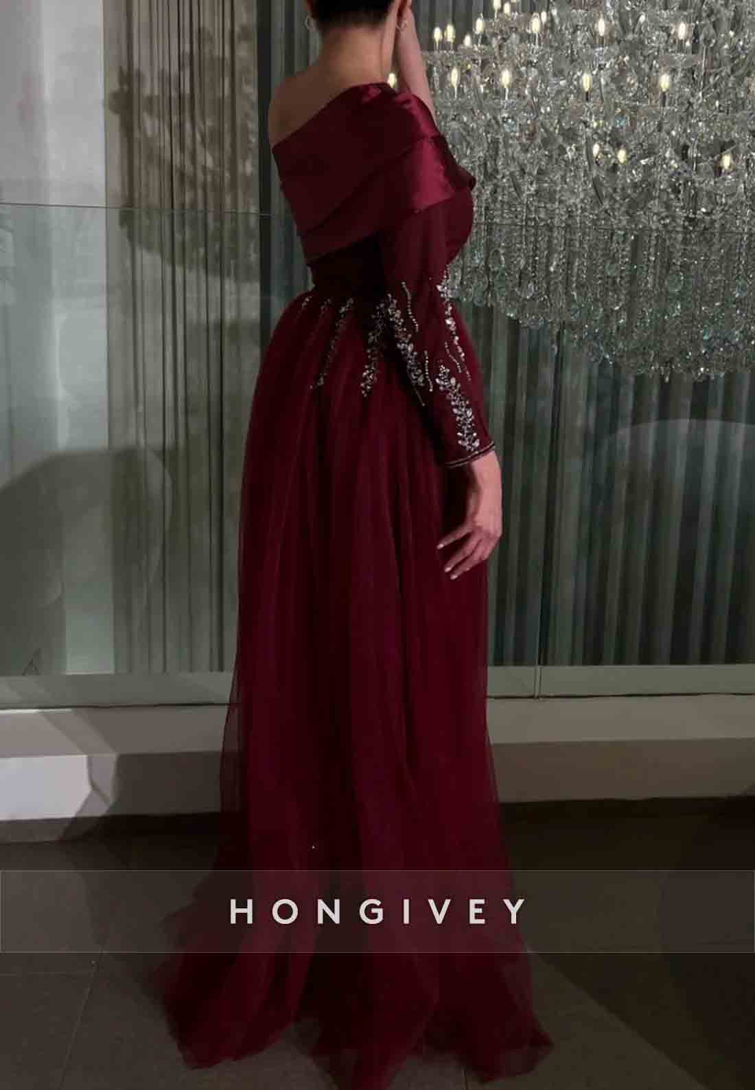 A-line Tulle Long Sleeve Formal Dresses One Shoulder Pleated Appliqued Evening Gown