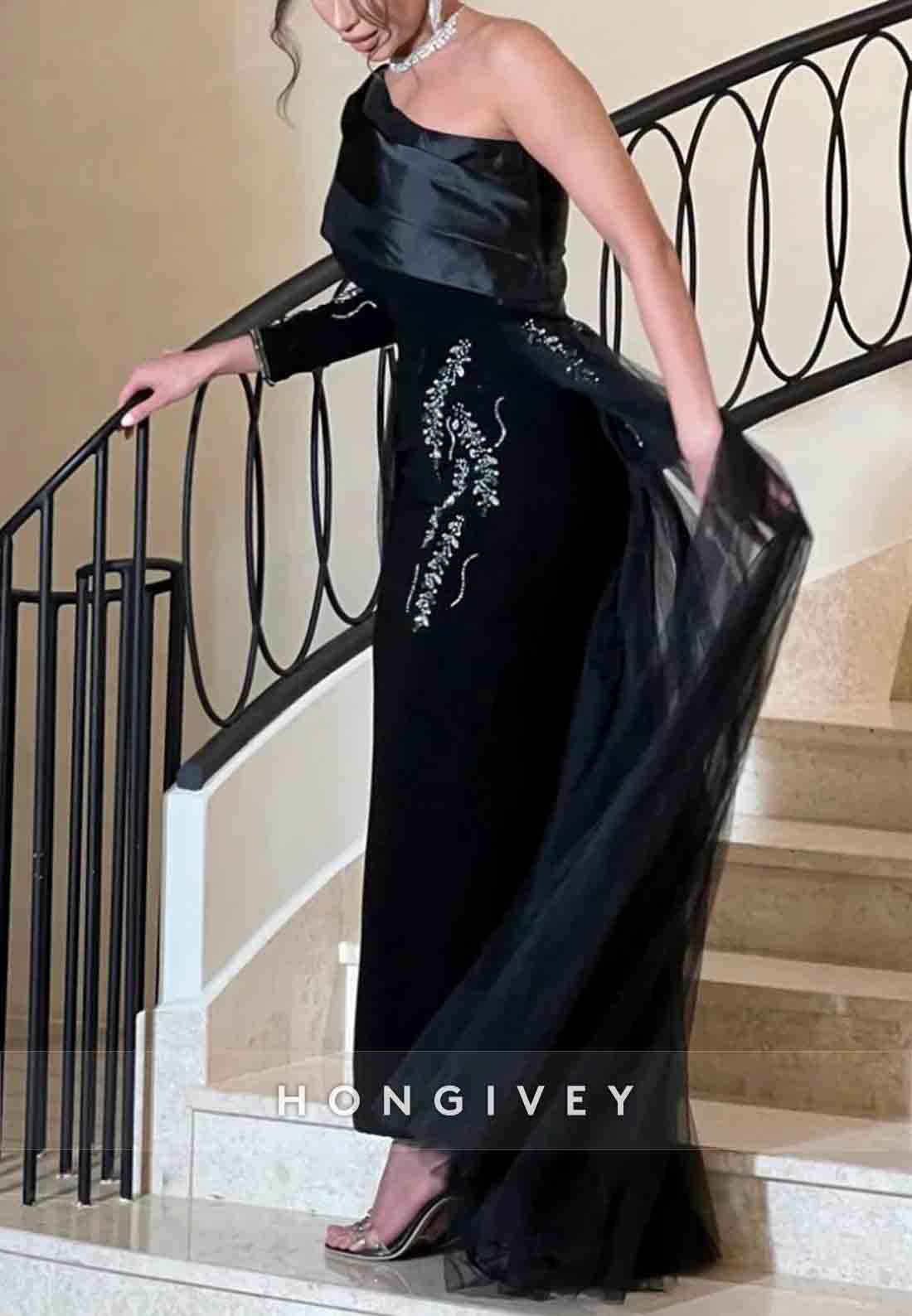 A-line Tulle Long Sleeve Formal Dresses One Shoulder Pleated Appliqued Evening Gown