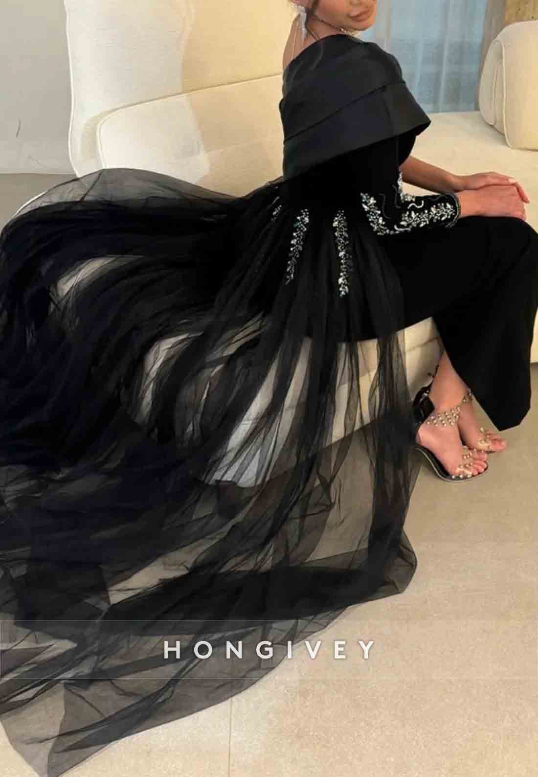 A-line Tulle Long Sleeve Formal Dresses One Shoulder Pleated Appliqued Evening Gown