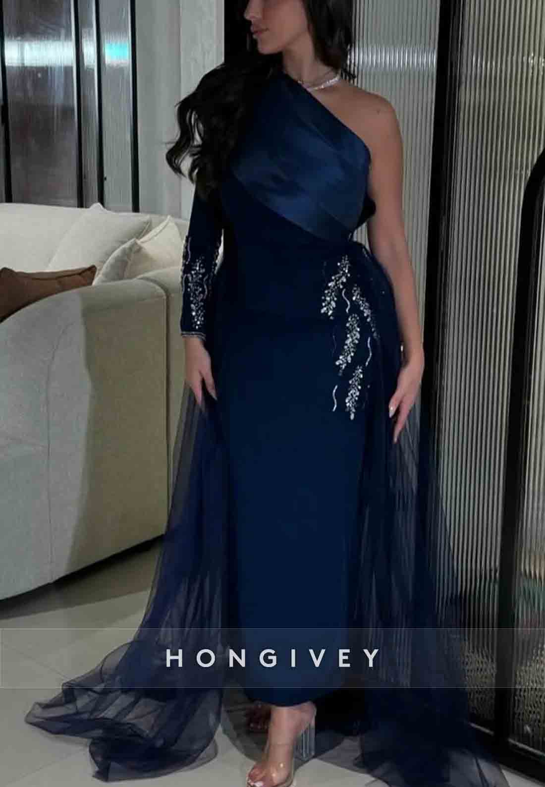 A-line Tulle Long Sleeve Formal Dresses One Shoulder Pleated Appliqued Evening Gown