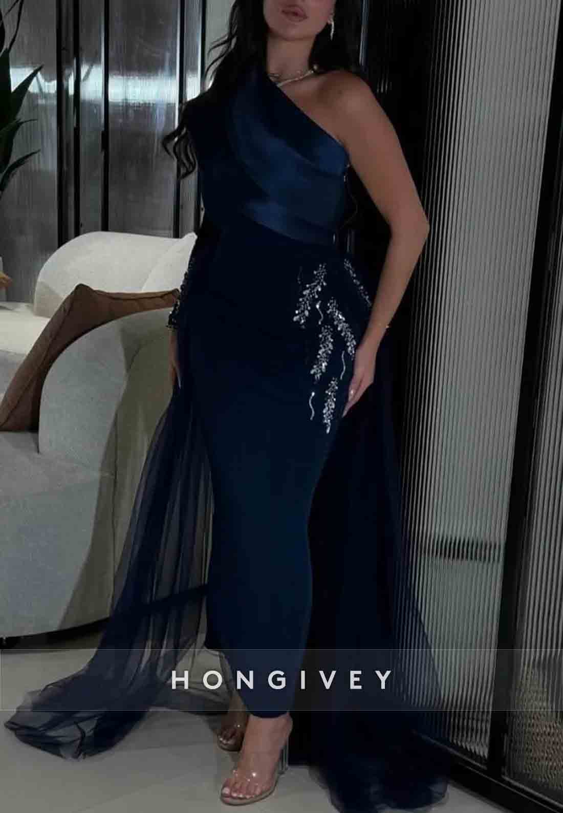 A-line Tulle Long Sleeve Formal Dresses One Shoulder Pleated Appliqued Evening Gown