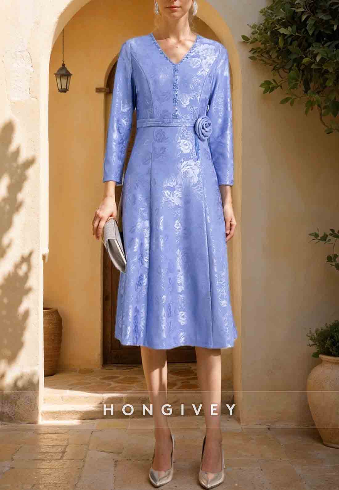 A-line Knee-Length 3/4 Sleeve Cocktail Dresses V Neck Flowers Mother of the Bride Dress