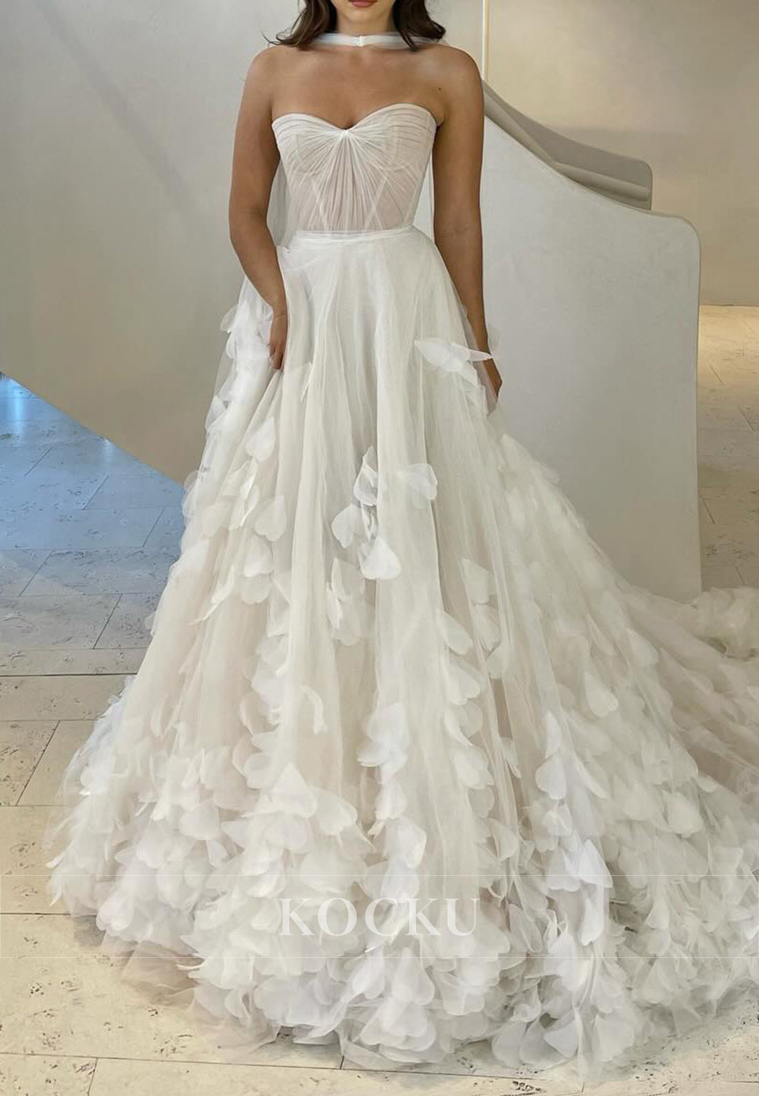 White Sweetheart Sheer Bodice Ballgown Wedding Dress with 3D Floral Lace