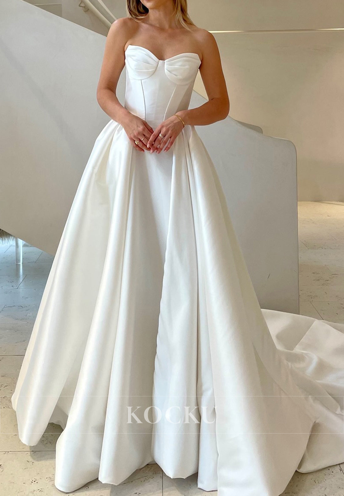 White Satin Strapless Buttons Back Ballgown Long Wedding Dess