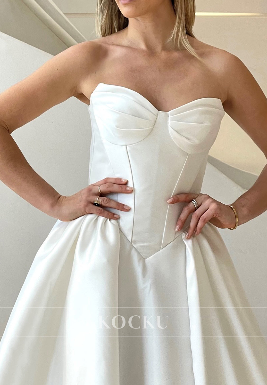 White Satin Strapless Buttons Back Ballgown Long Wedding Dess