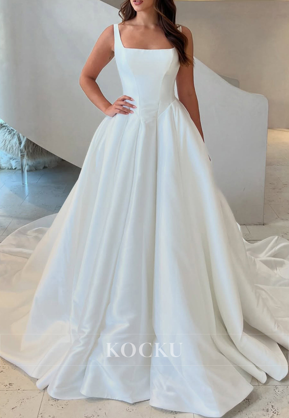 White Satin Square Neck and Back Buttons Ballgown Wedding Dress