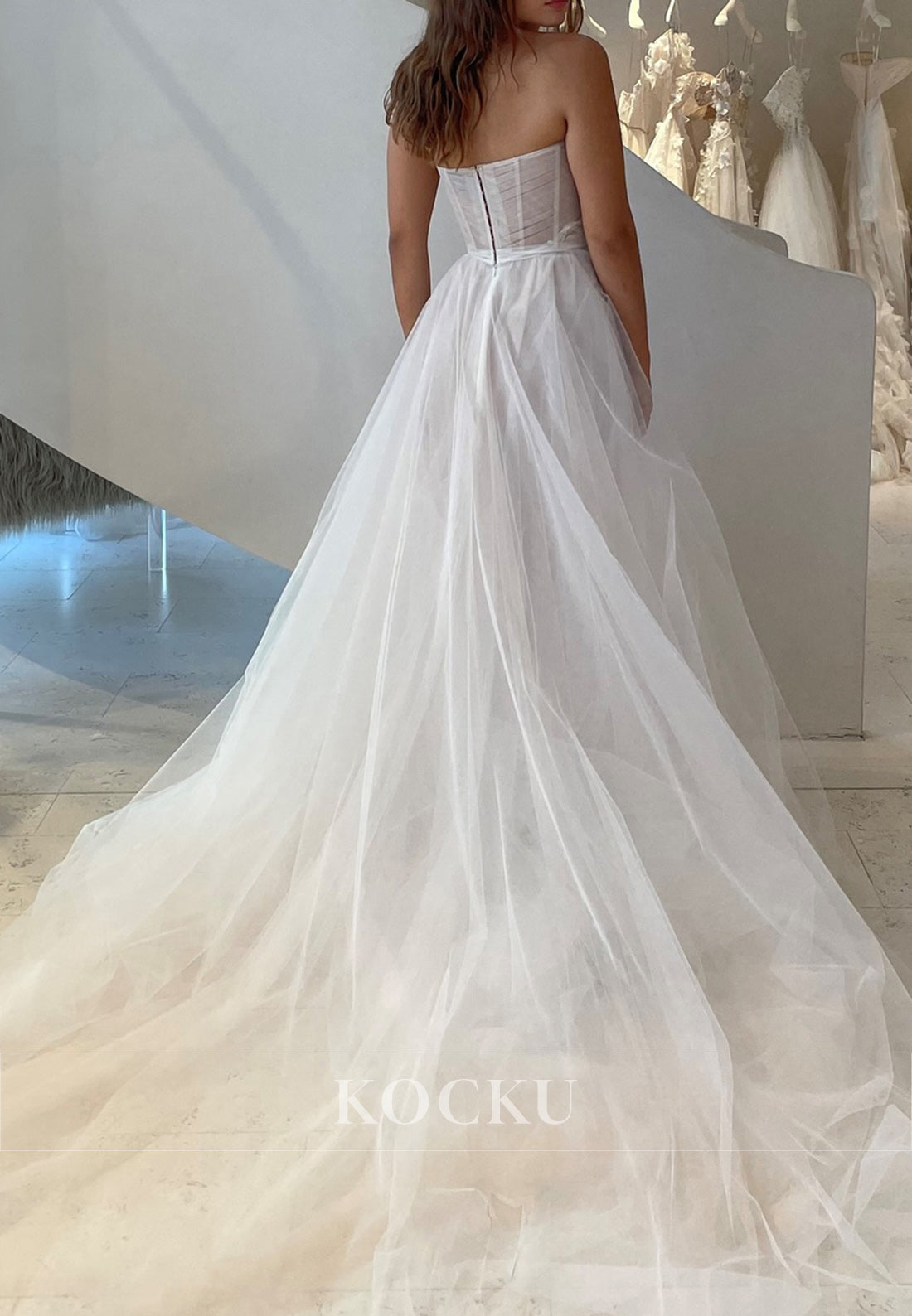 White Tulle Sweetheart Sheer Bodice A-Line Wedding Dress