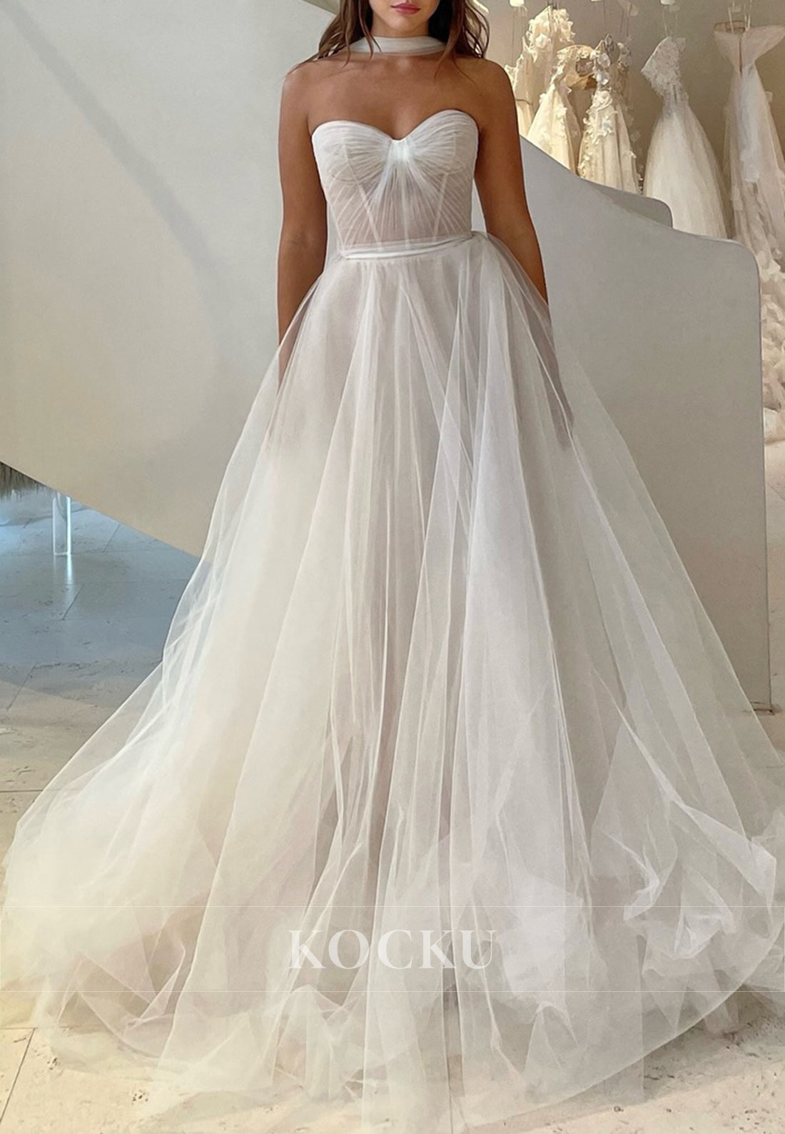 White Tulle Sweetheart Sheer Bodice A-Line Wedding Dress