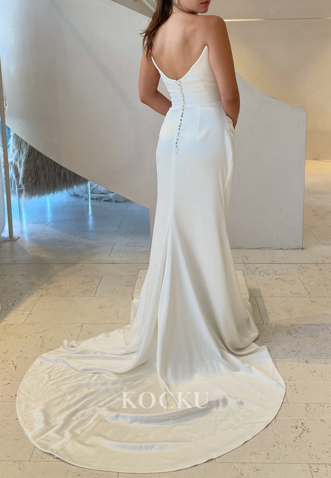 White Satin Strapless Ruched Buttons-Back Mermaid Long Wedding Dress