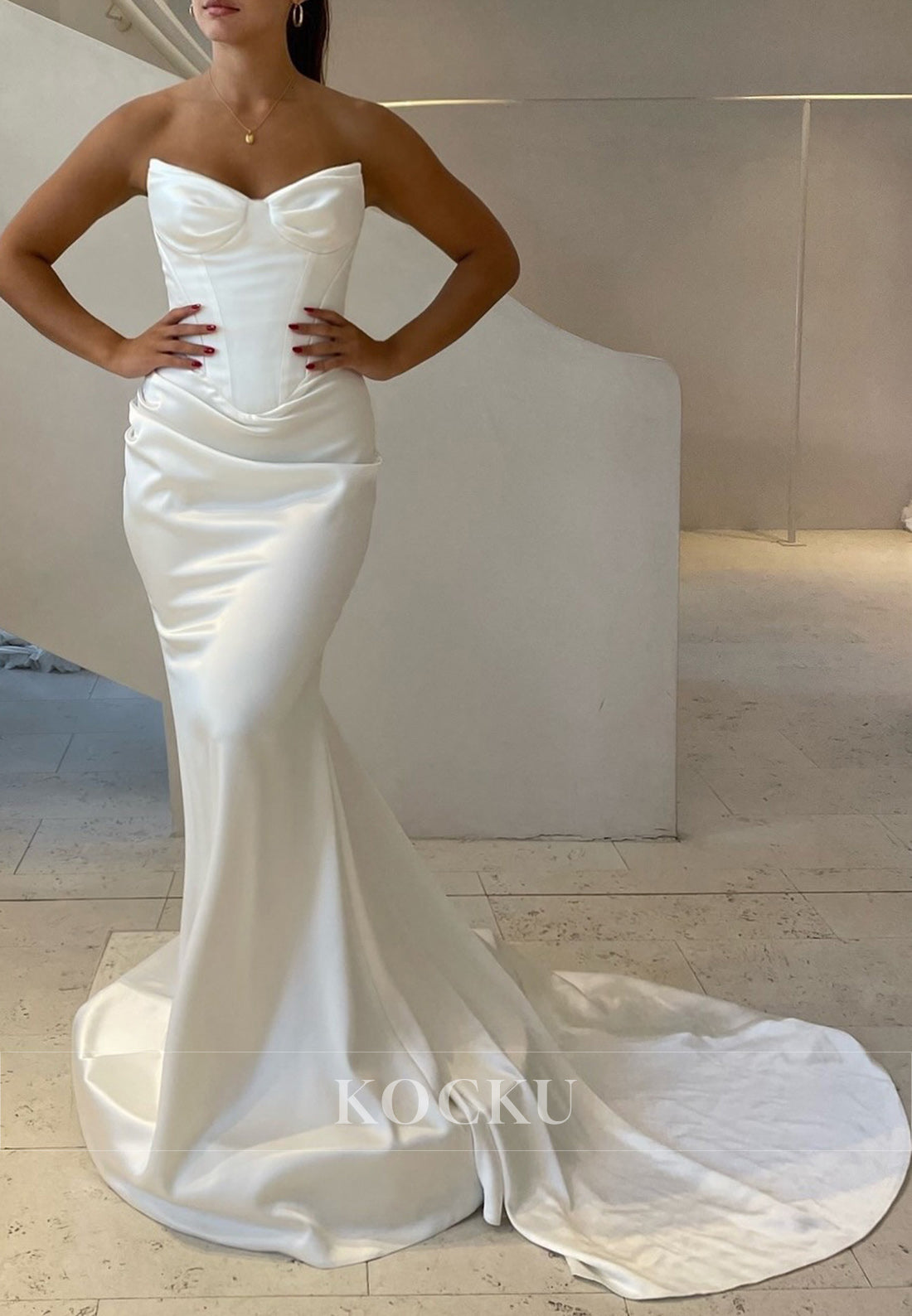 White Satin Strapless Ruched Buttons-Back Mermaid Long Wedding Dress