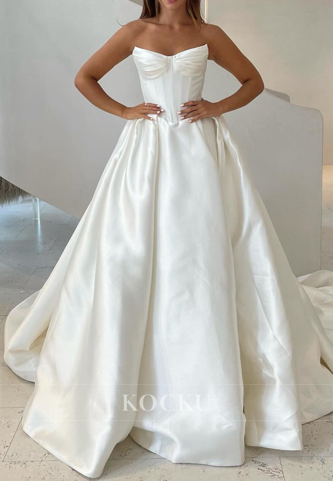 White Satin Strapless Corset Bodice Ballgown Wedding Dress with Slit