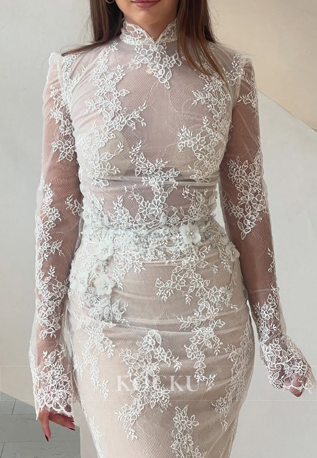 Nude Lace Mandarin Collar Mermaid Long Wedding Dress with Long Sleeves