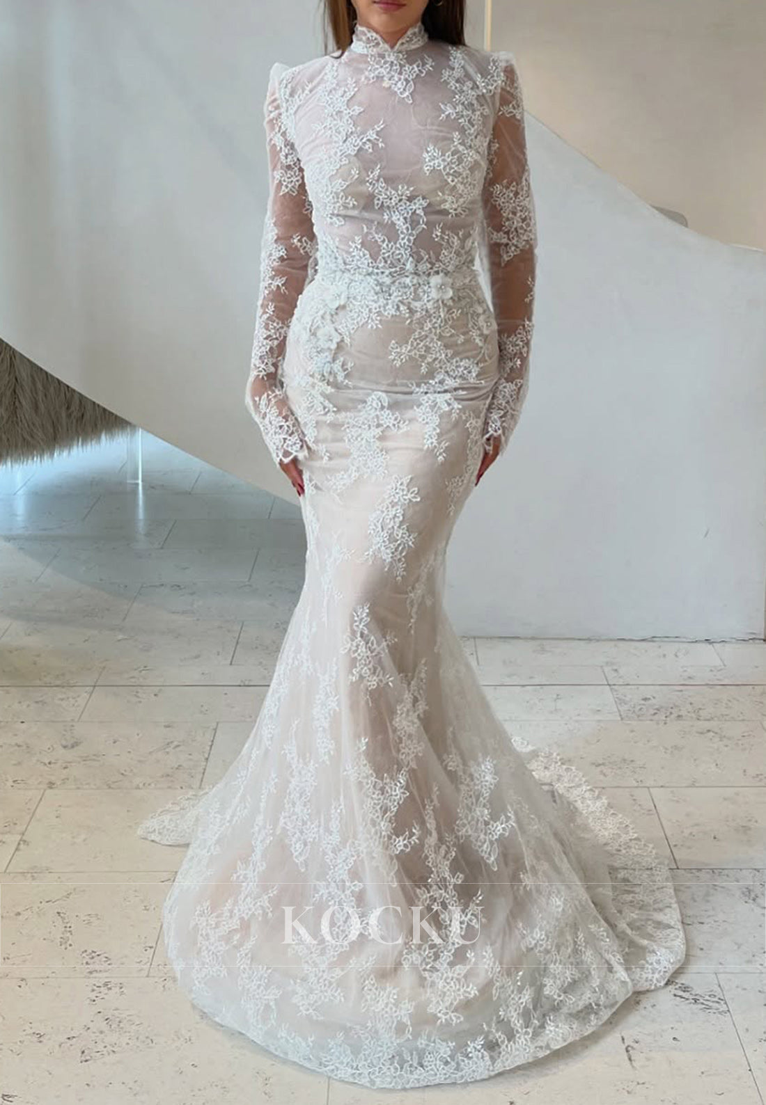 Nude Lace Mandarin Collar Mermaid Long Wedding Dress with Long Sleeves