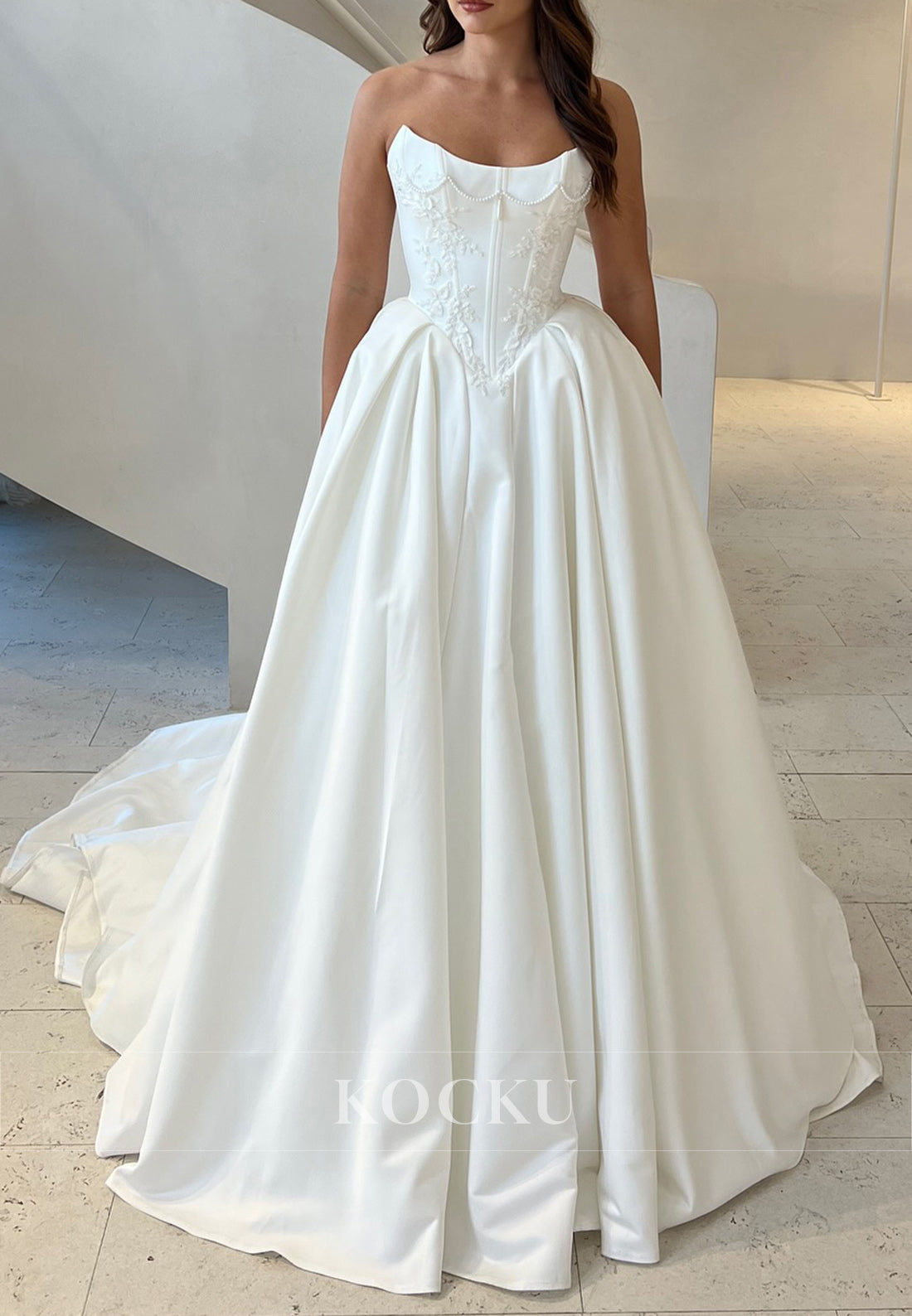 White Satin Strapless Ballgown Wedding Dress with Pearls and Floral Appliques