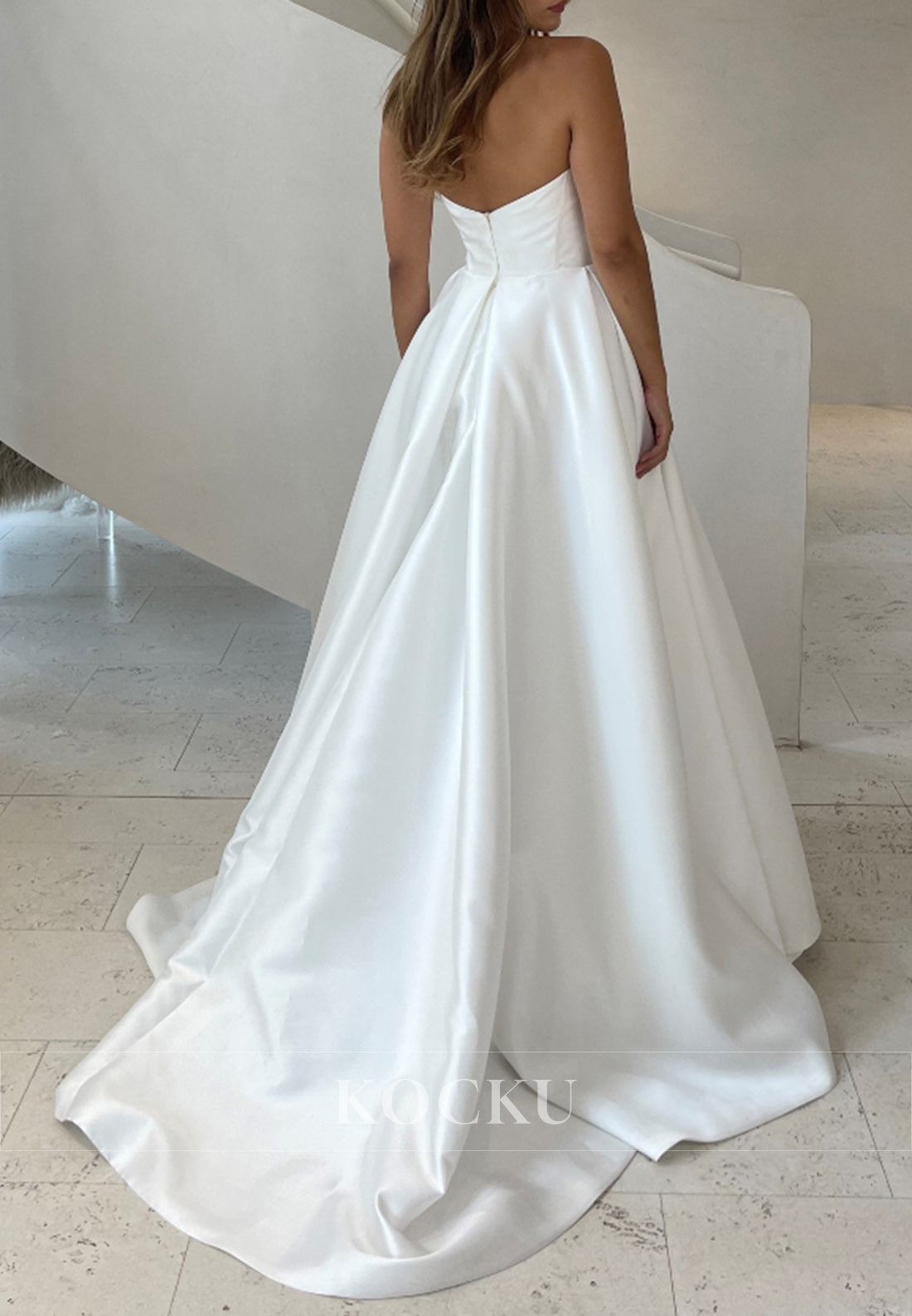 White Satin Strapless Ballgown Wedding Dress with Pearls and Floral Appliques