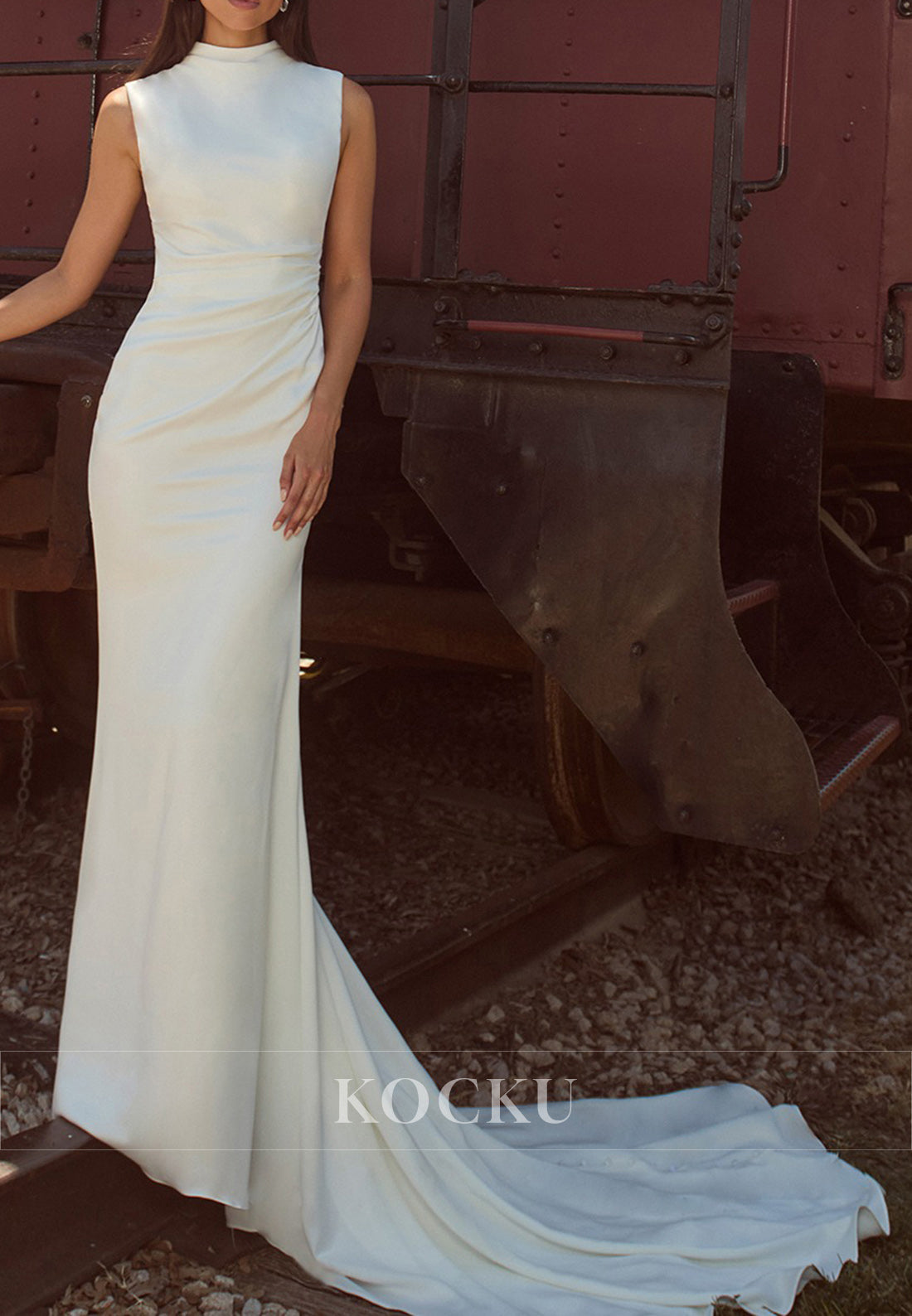 White High Neck Sleeveless Ruched Backless Mermaid Long Wedding Dress
