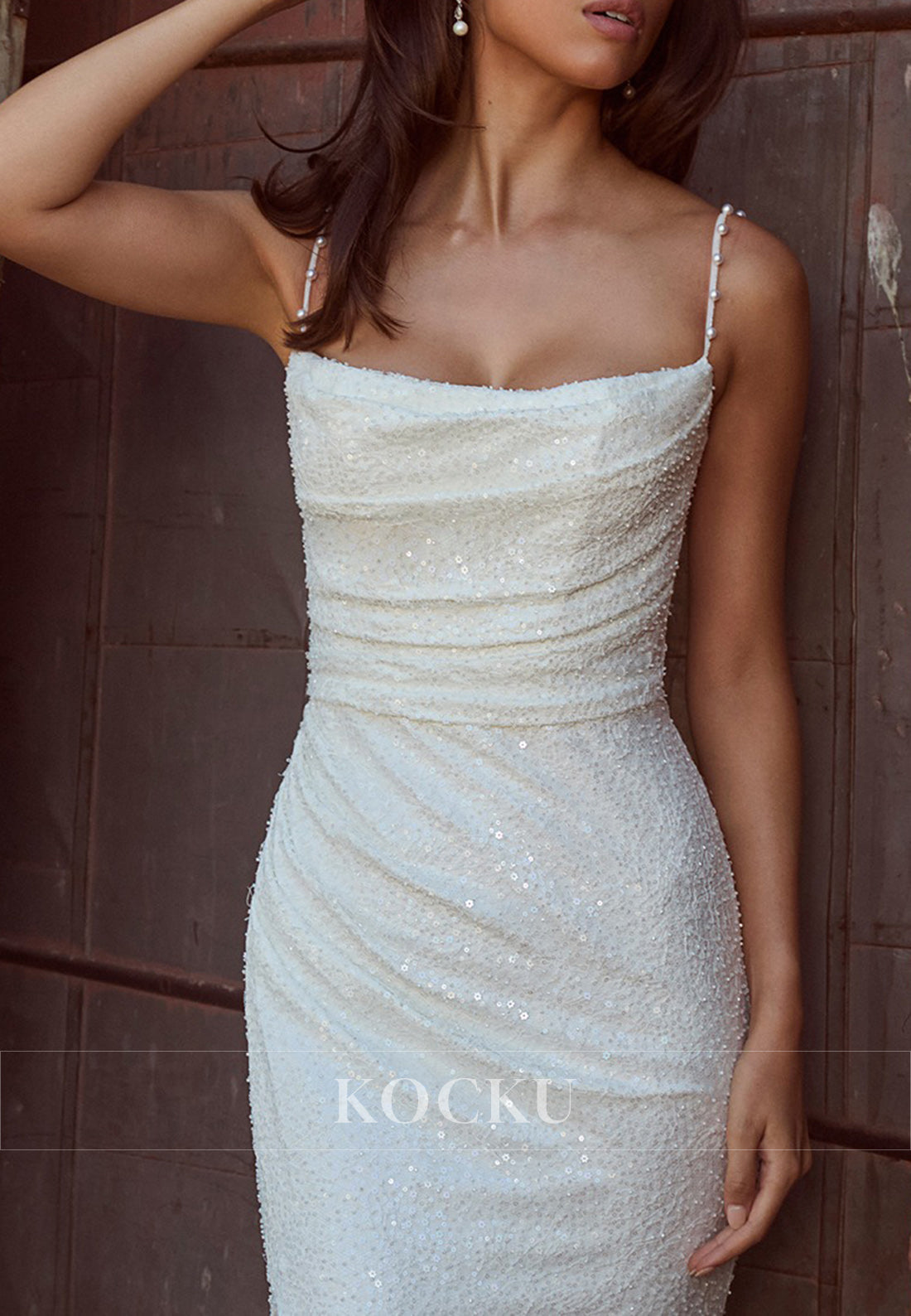 White Sequin Spaghetti Strap Ruched Backless Mermaid Long Wedding Dress with Slit