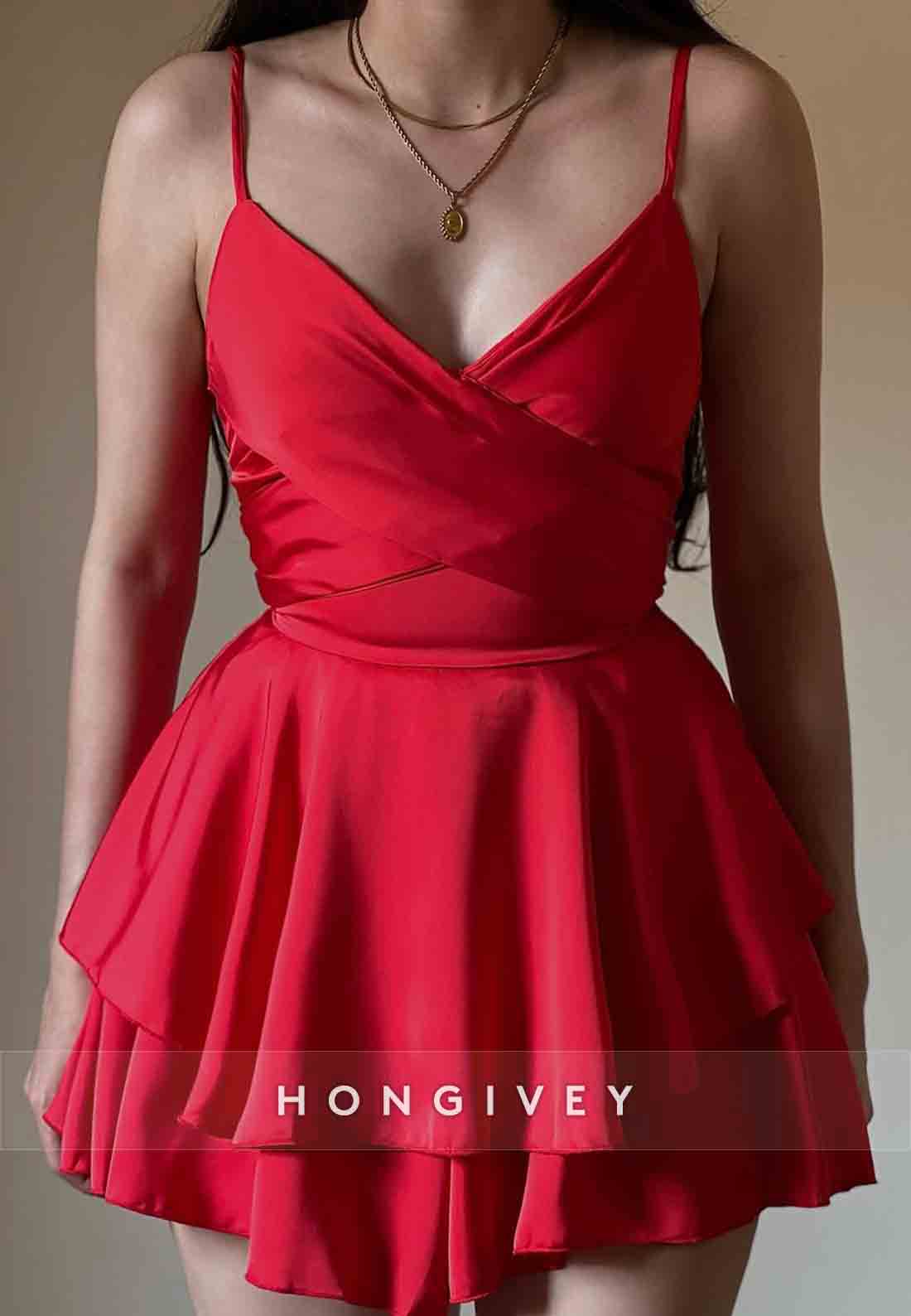 Spaghetti Straps V-Neck Pleated A-Line Mini Homecoming Dresses with Ruched