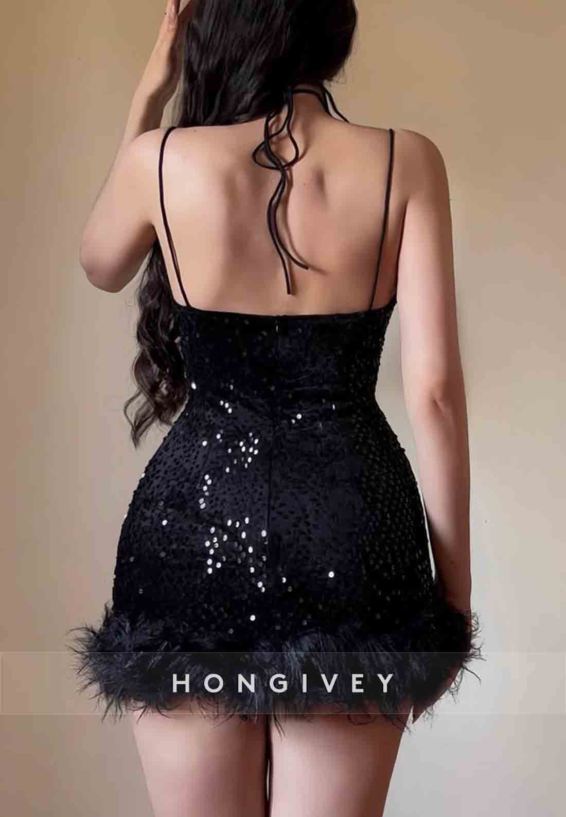 Feather Sleeveless V-Neck Spaghetti Straps Glitter Mini Homecoming Dresses