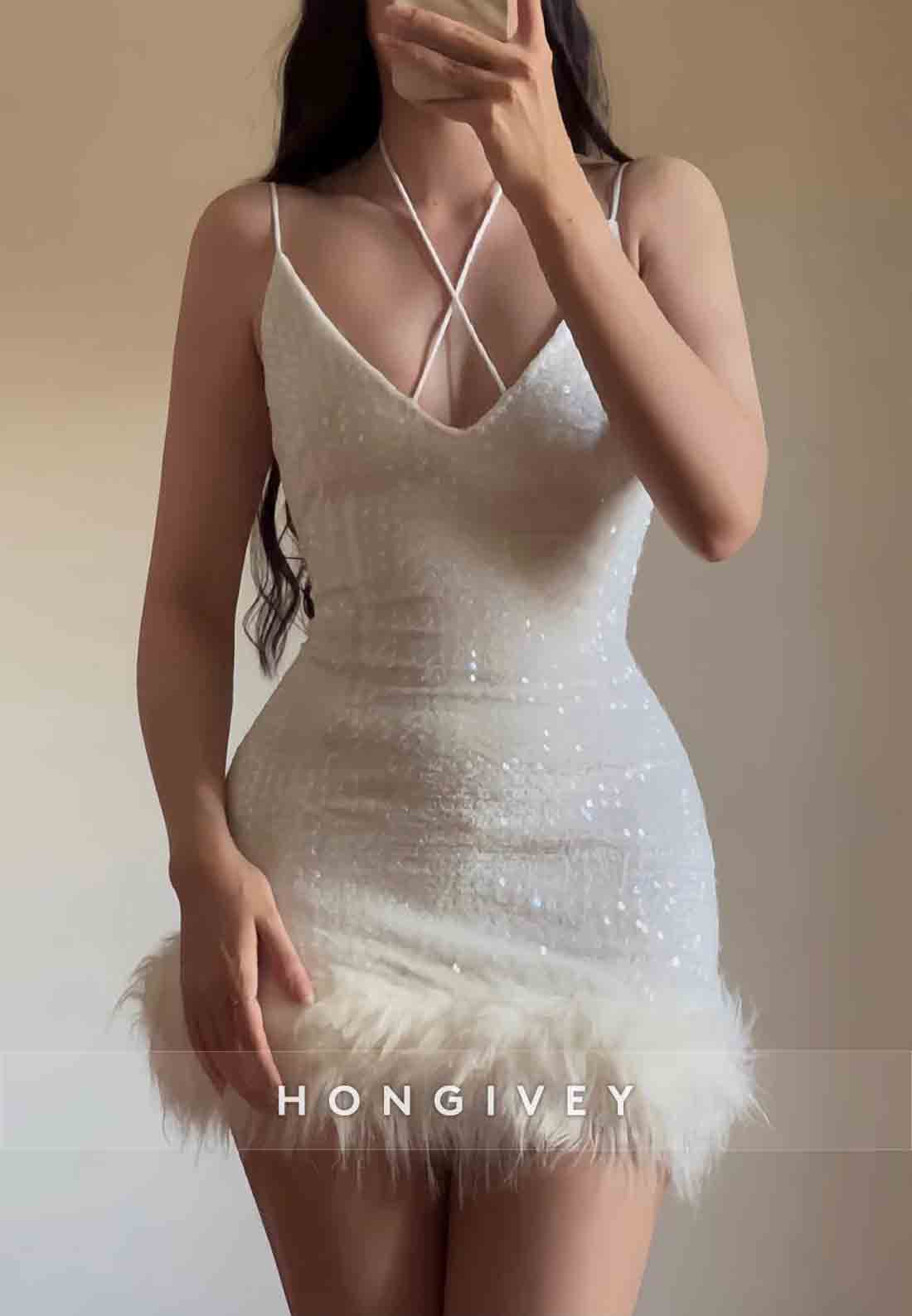 Feather Sleeveless V-Neck Spaghetti Straps Glitter Mini Homecoming Dresses