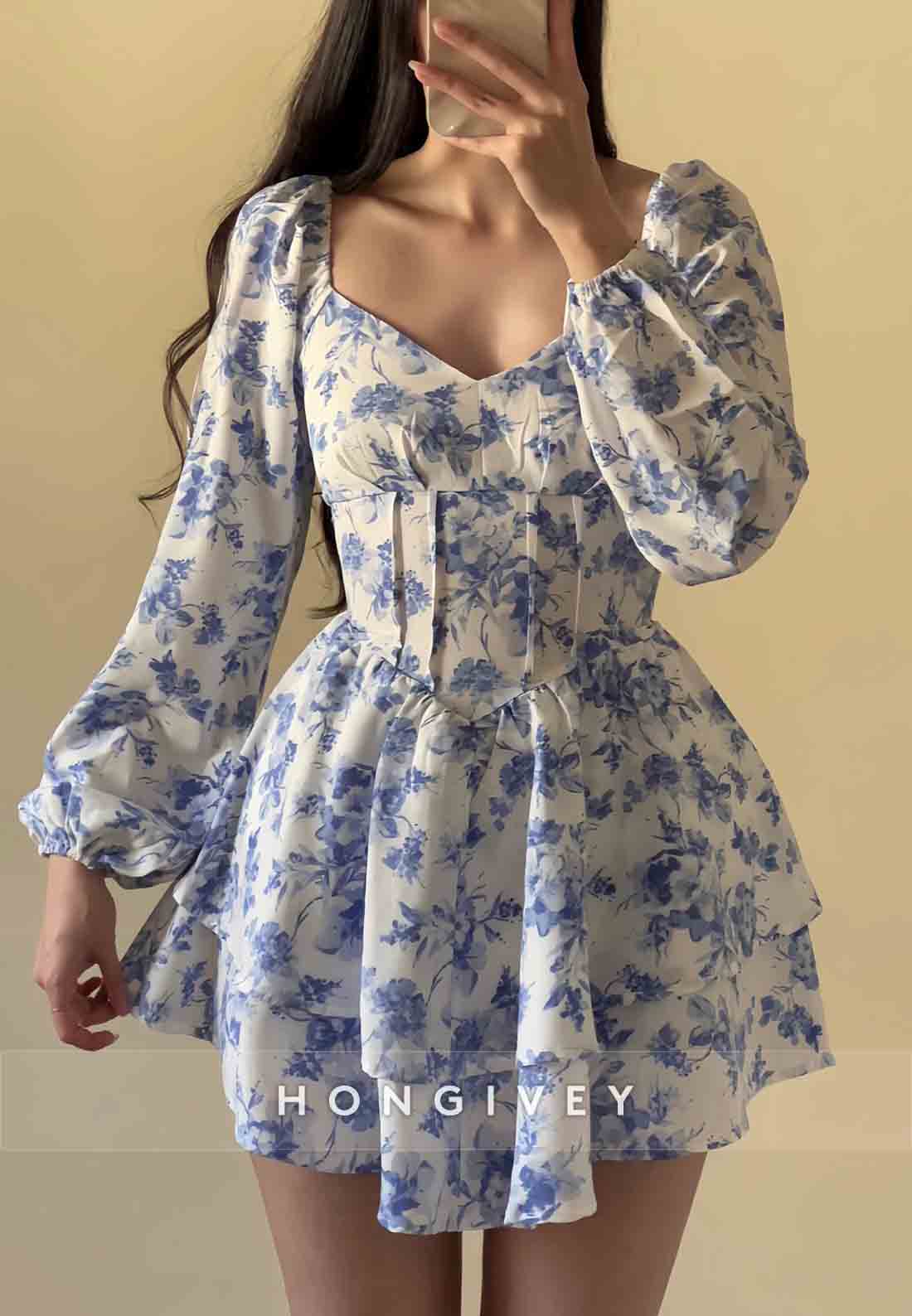 Long Sleeves A-Line Empire Floral Print Pleated Mini Homecoming Dresses