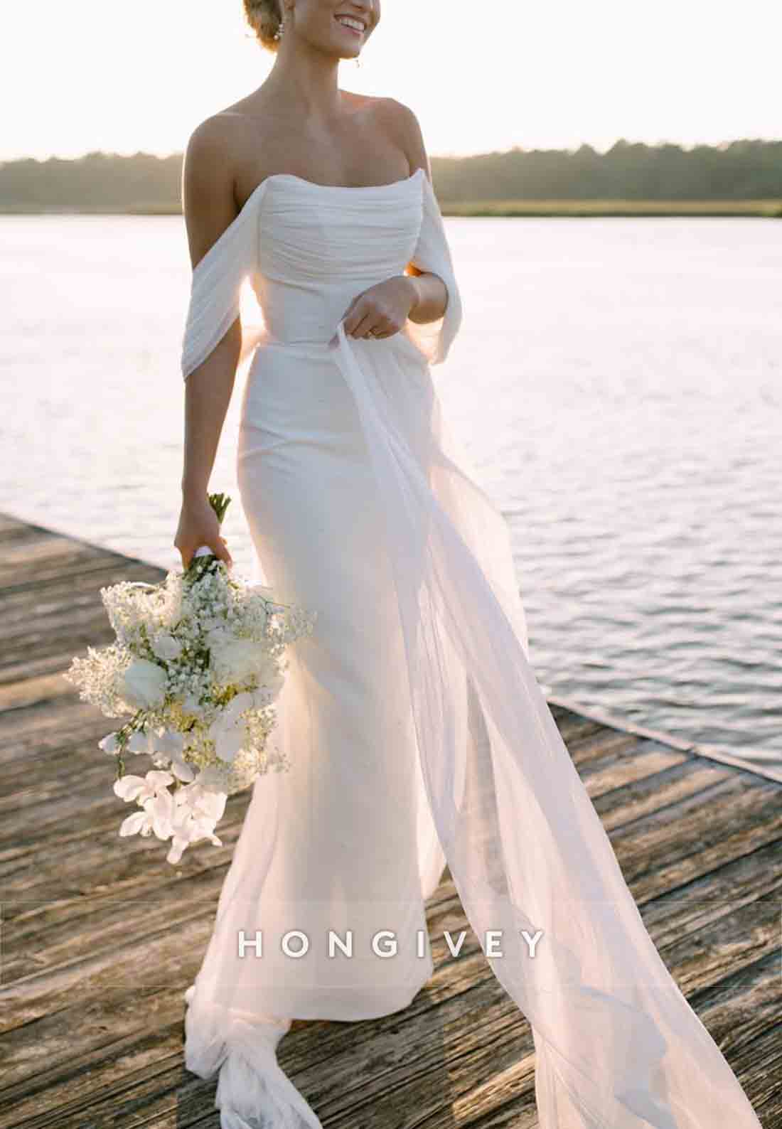 Pleated Low Back Off the Shoulder Floor-Length Beach Wedding Dresses