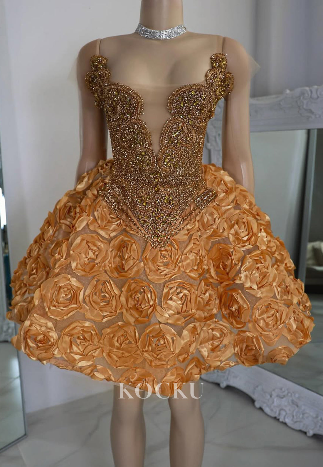 A-Line Short Sleeve V Neck Beaded Flowers Homecoming Dresses