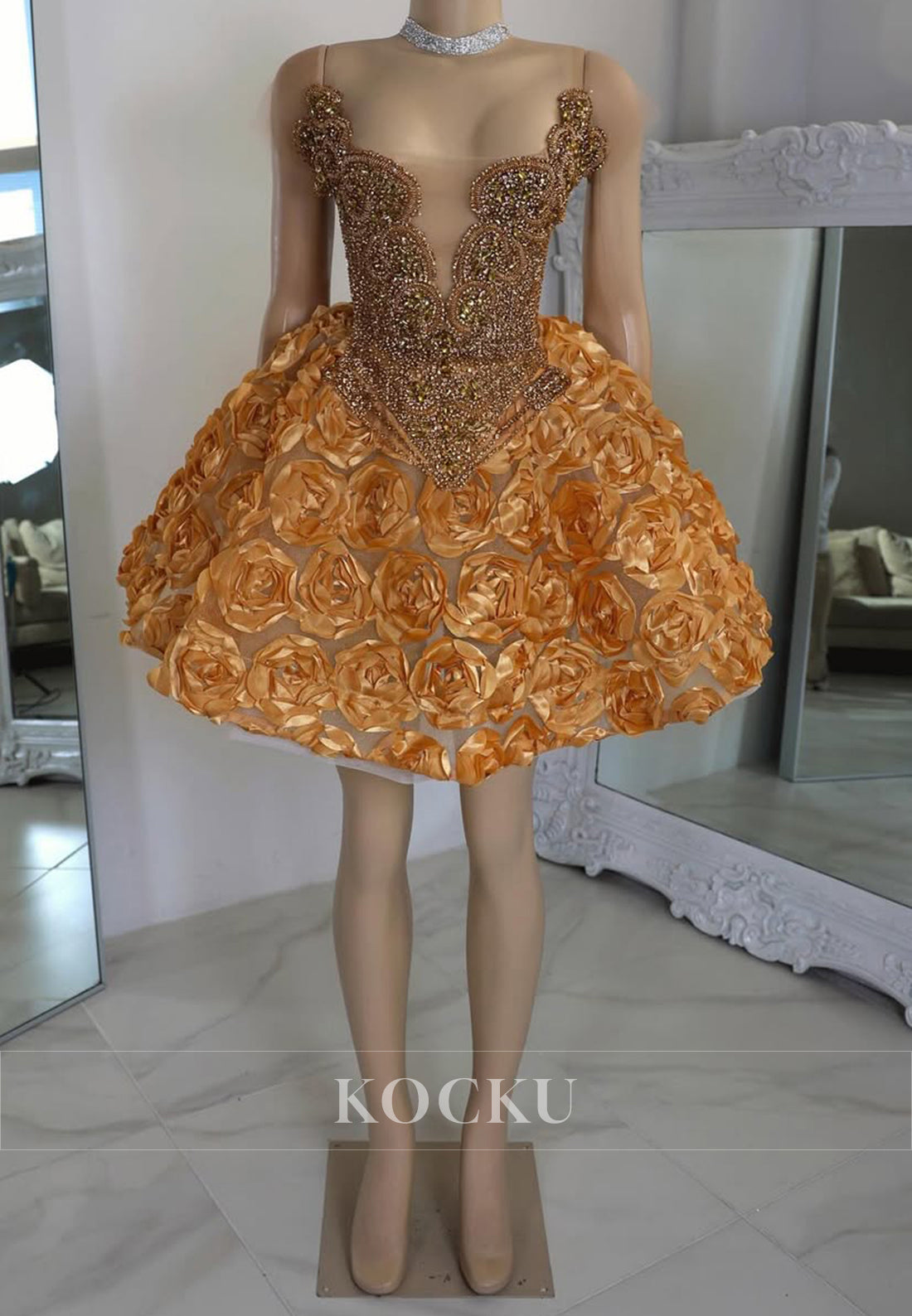 A-Line Short Sleeve V Neck Beaded Flowers Homecoming Dresses