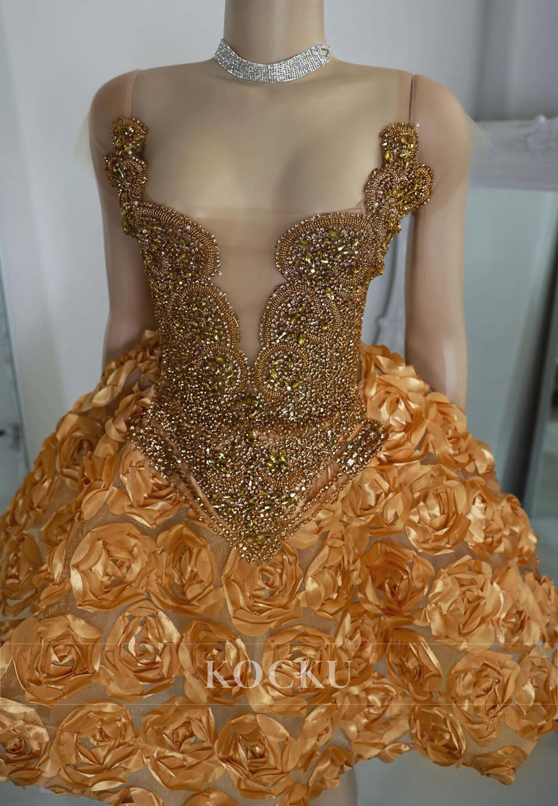 A-Line Short Sleeve V Neck Beaded Flowers Homecoming Dresses