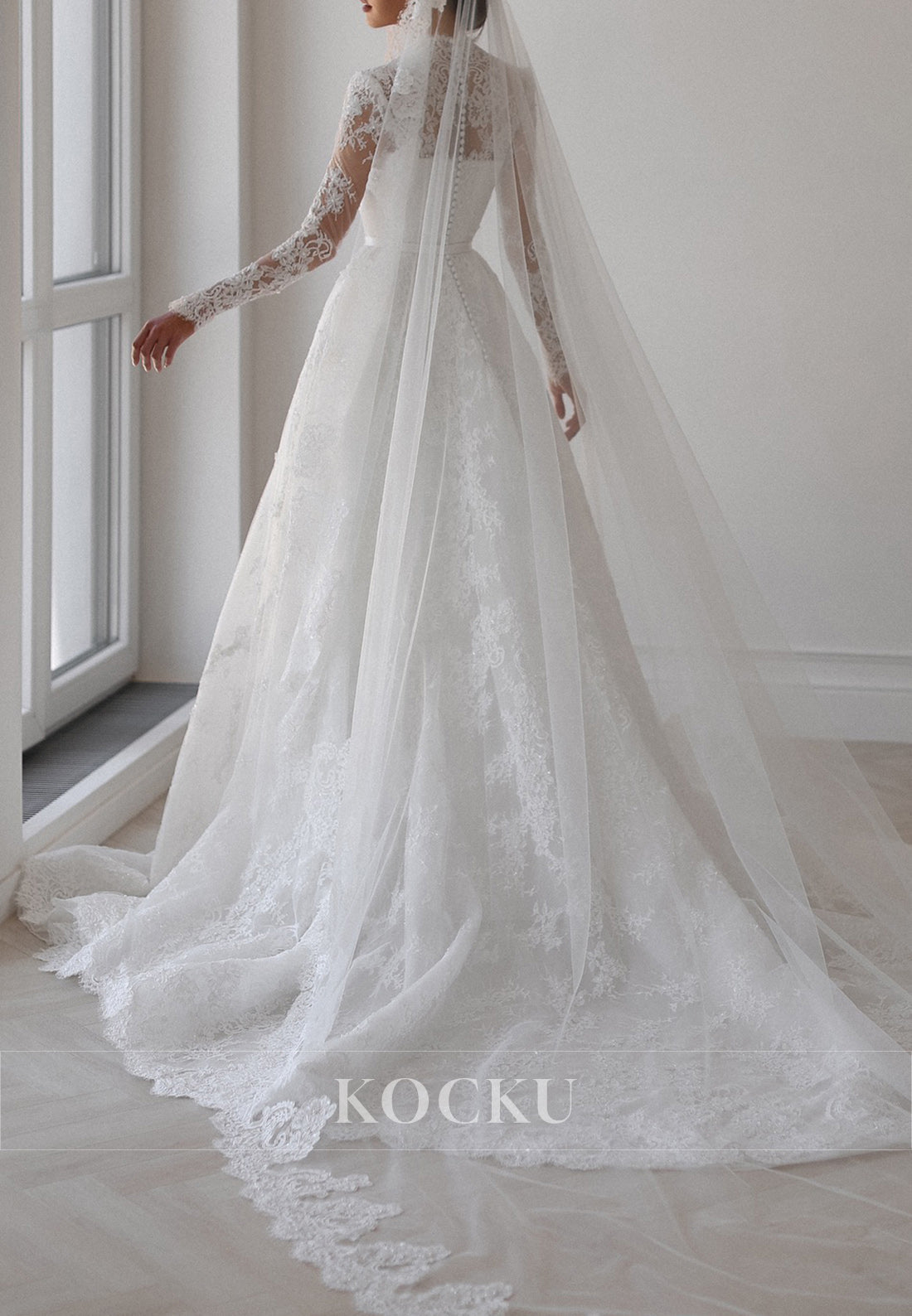 High - Neck Lace Ball Gown Wedding Dress with Sheer Long Sleeves
