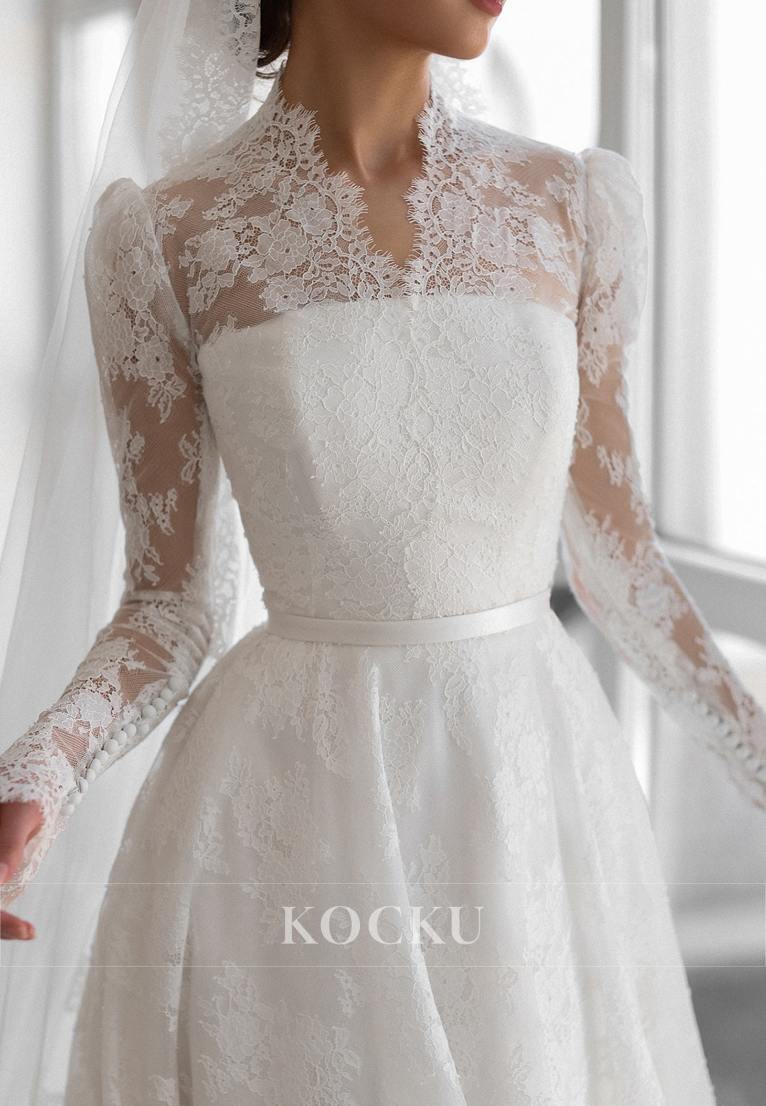 High - Neck Lace Ball Gown Wedding Dress with Sheer Long Sleeves