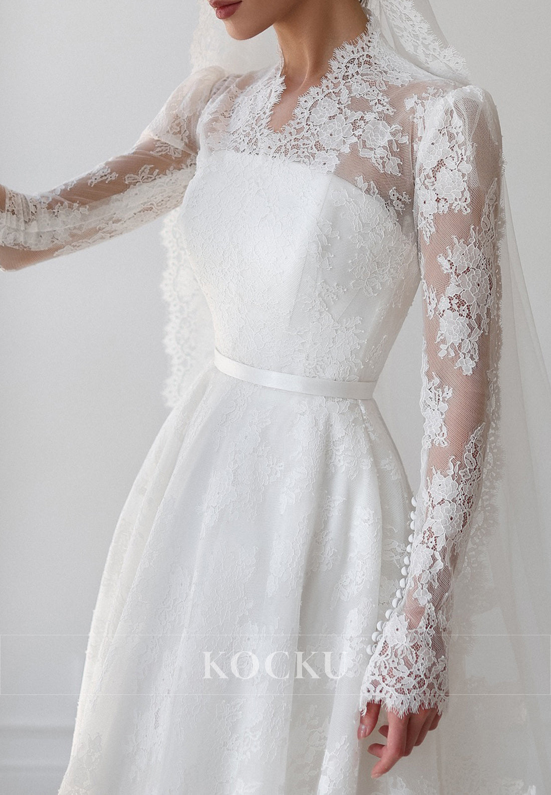 High - Neck Lace Ball Gown Wedding Dress with Sheer Long Sleeves