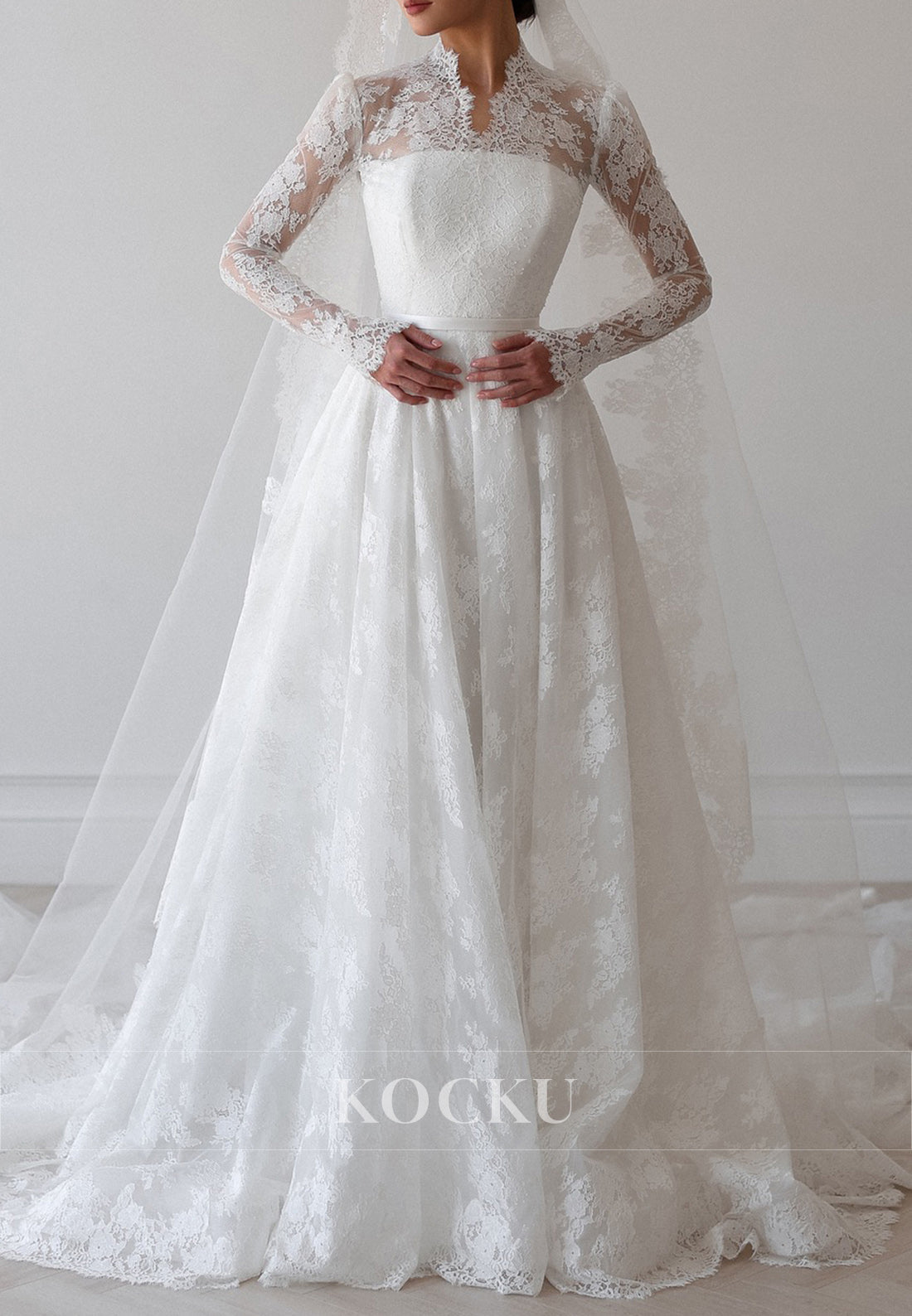 High - Neck Lace Ball Gown Wedding Dress with Sheer Long Sleeves