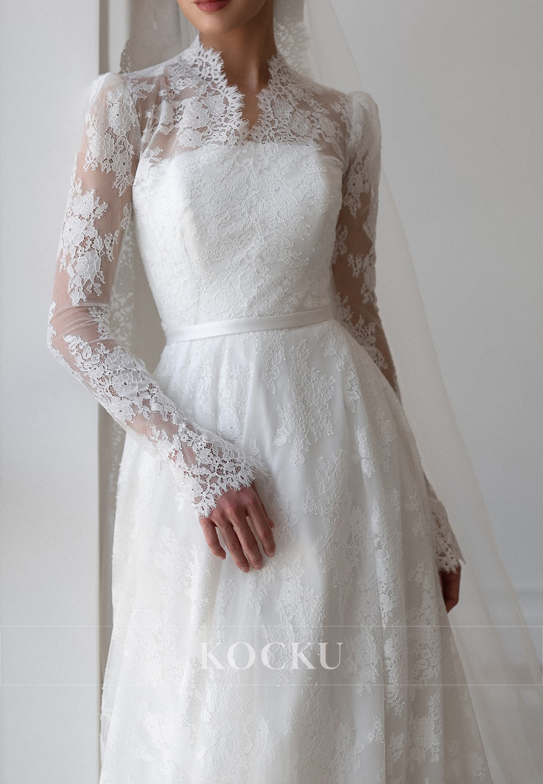 High - Neck Lace Ball Gown Wedding Dress with Sheer Long Sleeves
