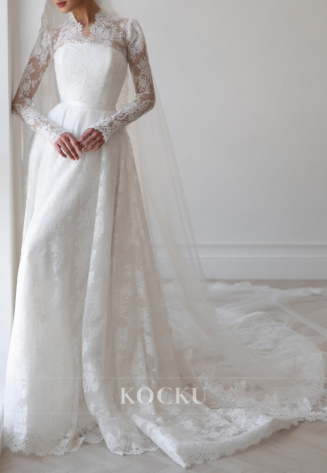 High - Neck Lace Ball Gown Wedding Dress with Sheer Long Sleeves