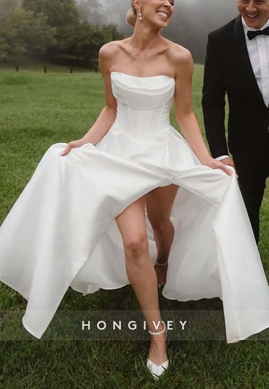 High Slit Pleated Strapless A-line Chapel Train Wedding Dresses